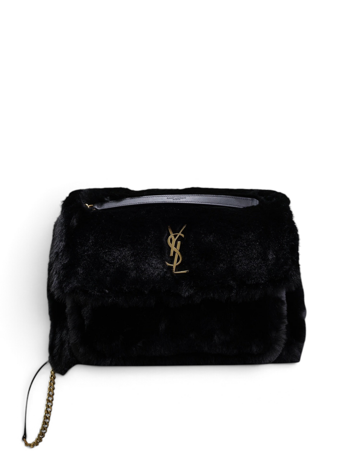 SWORD LUXURY siyah suni kürk Niki Medium çanta, altın tonlu logo ve zincir askı detaylı şık kışlık omuz çantası.