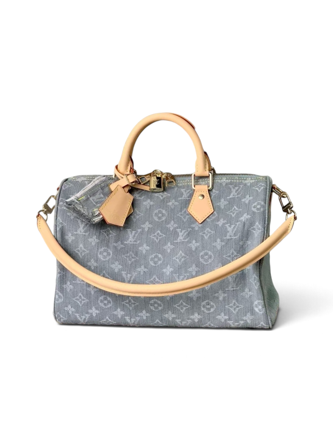 SWORD LUXURY Monogram Denim Speedy Soft 30 çanta, açık mavi denim kumaş, deri detaylar ve altın tonlu donanım.