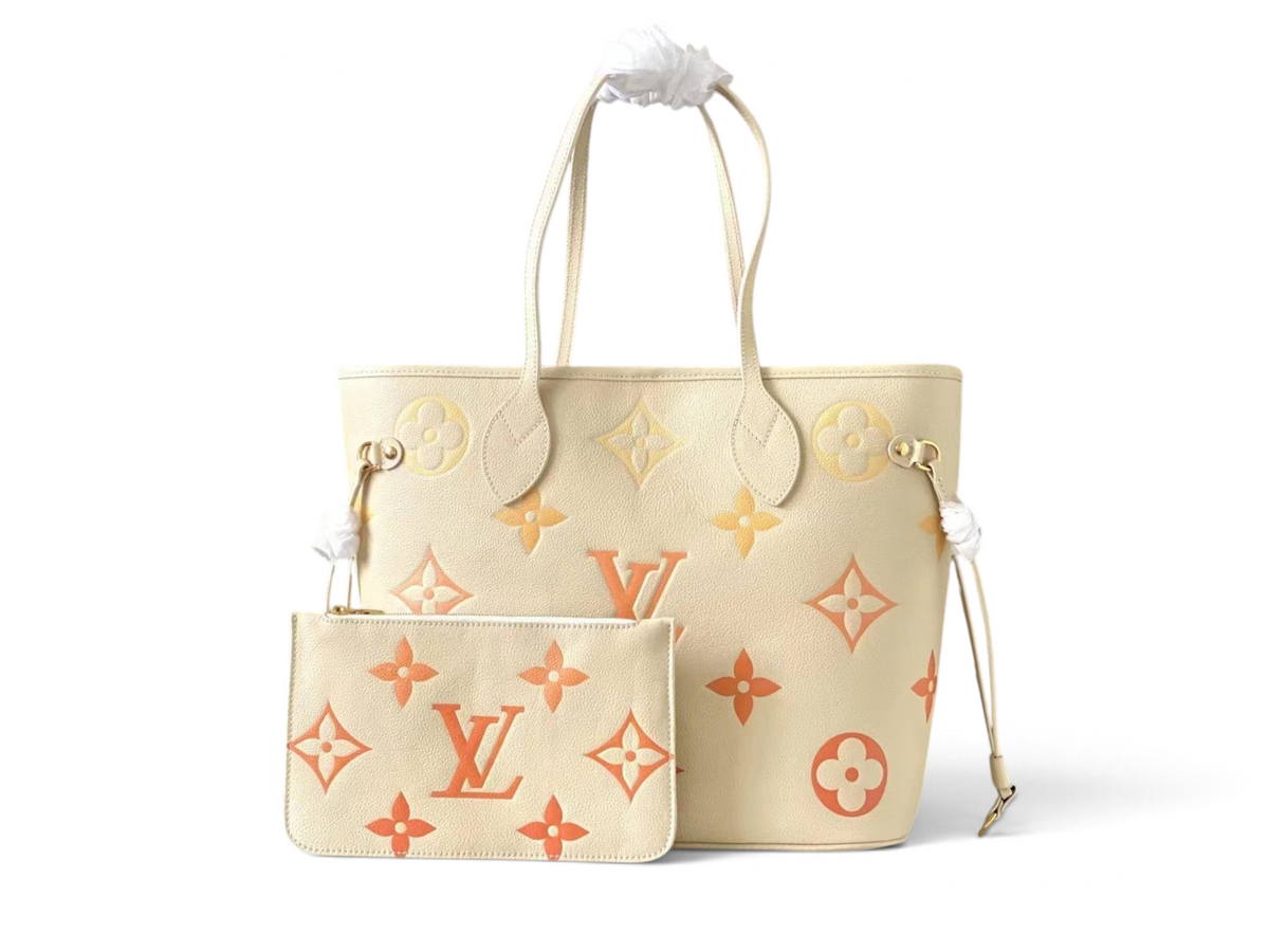SWORD LUXURY krem ve turuncu monogram desenli, deri detaylı, çıkarılabilir çantalı şık kadın omuz çantası.
