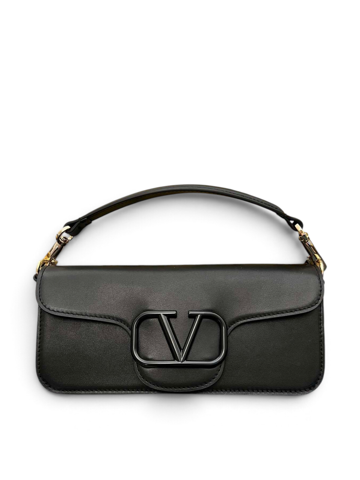 SWORD LUXURY Valentino Garavani VLogo siyah deri çanta, metalik logo detayı ve çıkarılabilir altın zincir askı ile.