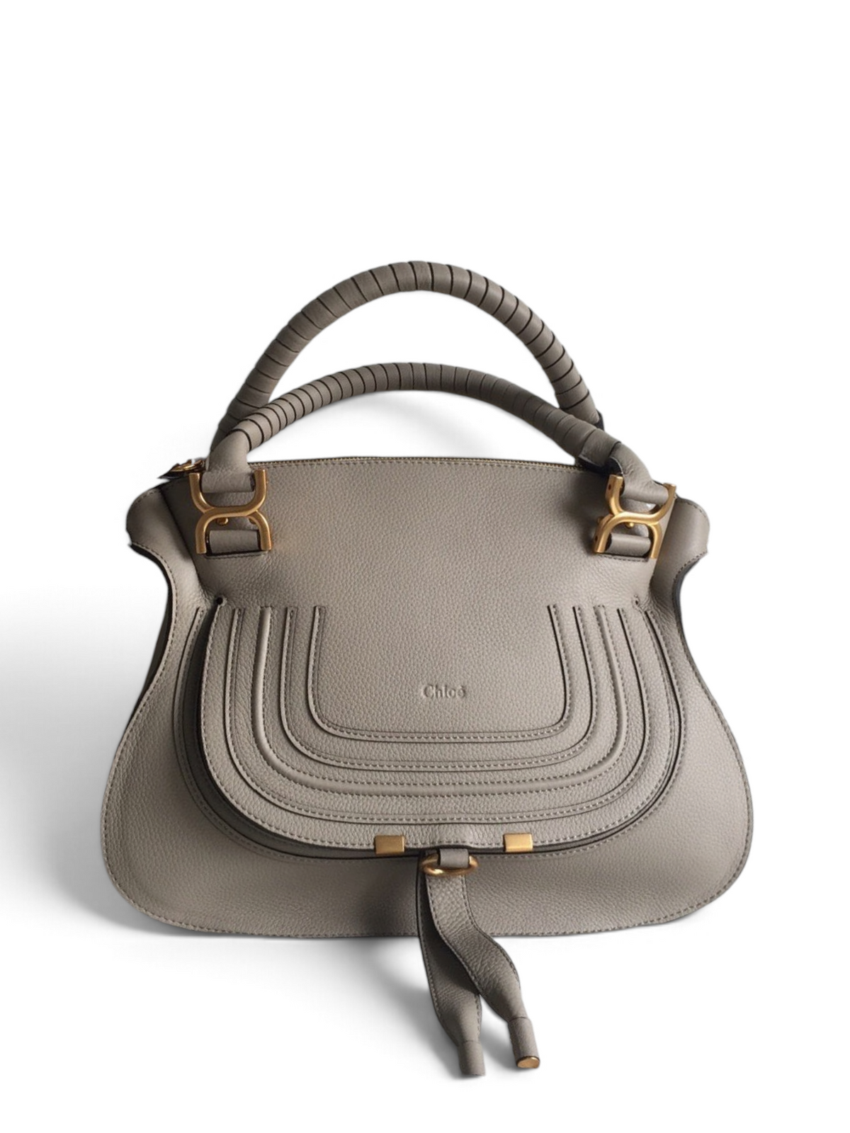 SWORD LUXURY Chloé Marcie gri taneli deri çanta, altın tonlu donanım ve ikonik dikiş detayları ile.