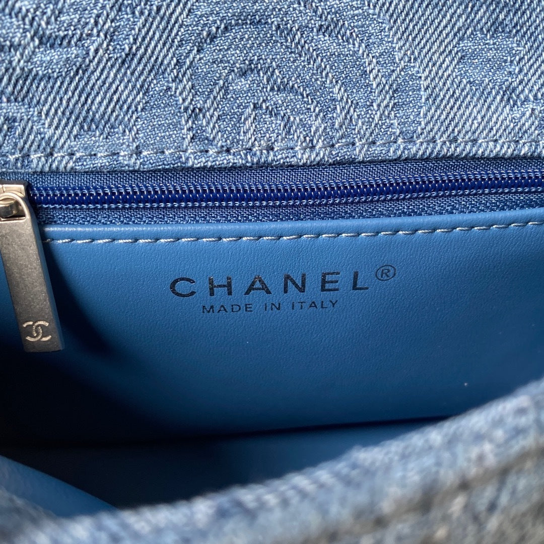 Mini Flap Bag in Quilted Denim with Silver-Tone Chain