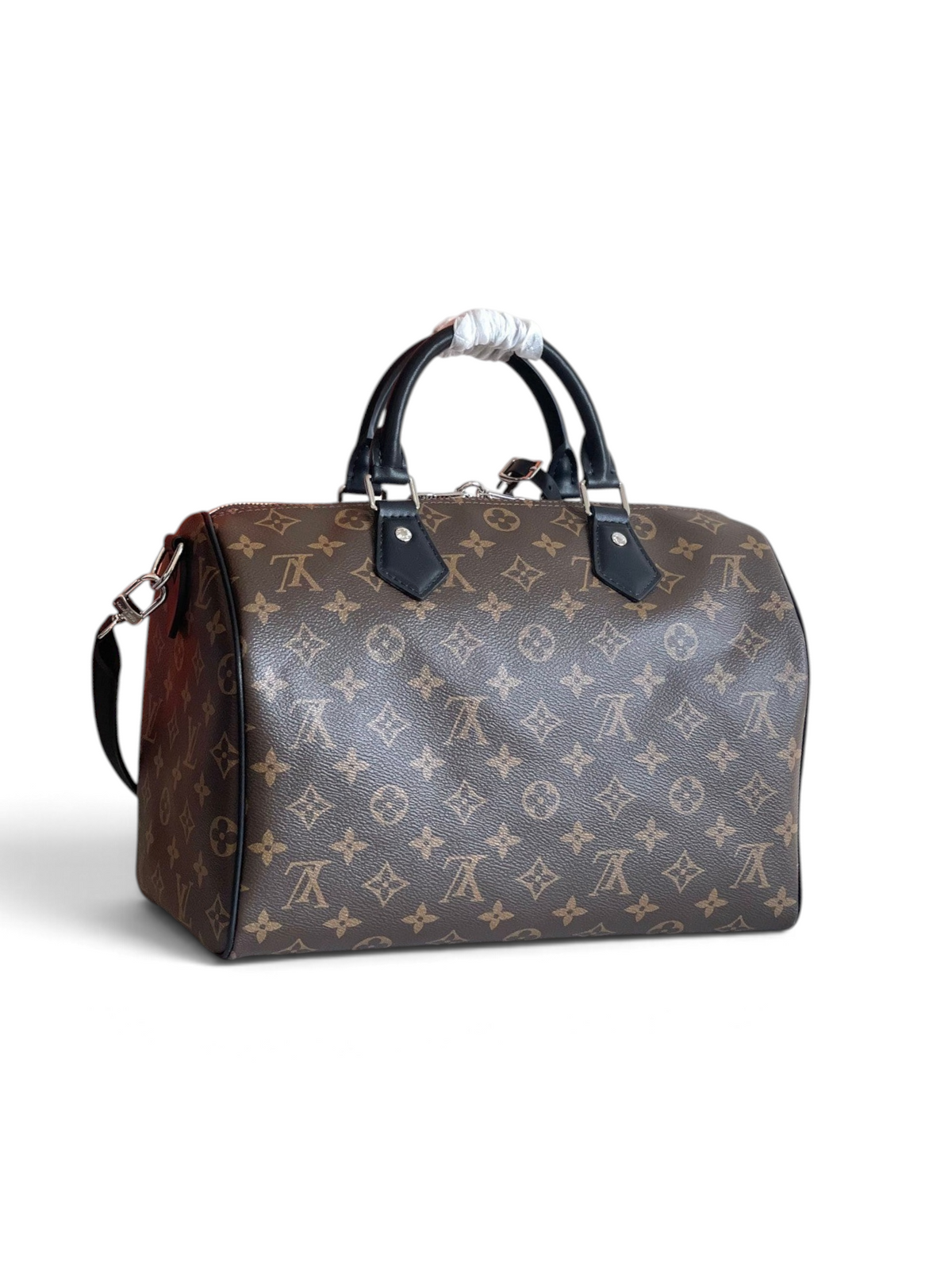 SWORD LUXURY Speedy Bandoulière 30 çanta, kahverengi monogram kanvas, siyah deri detaylar ve gümüş tonlu donanım.