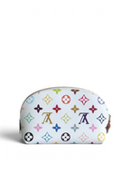 SWORD LUXURY beyaz kanvas üzerine renkli monogram desenli, fermuarlı Louis Vuitton makyaj çantası.