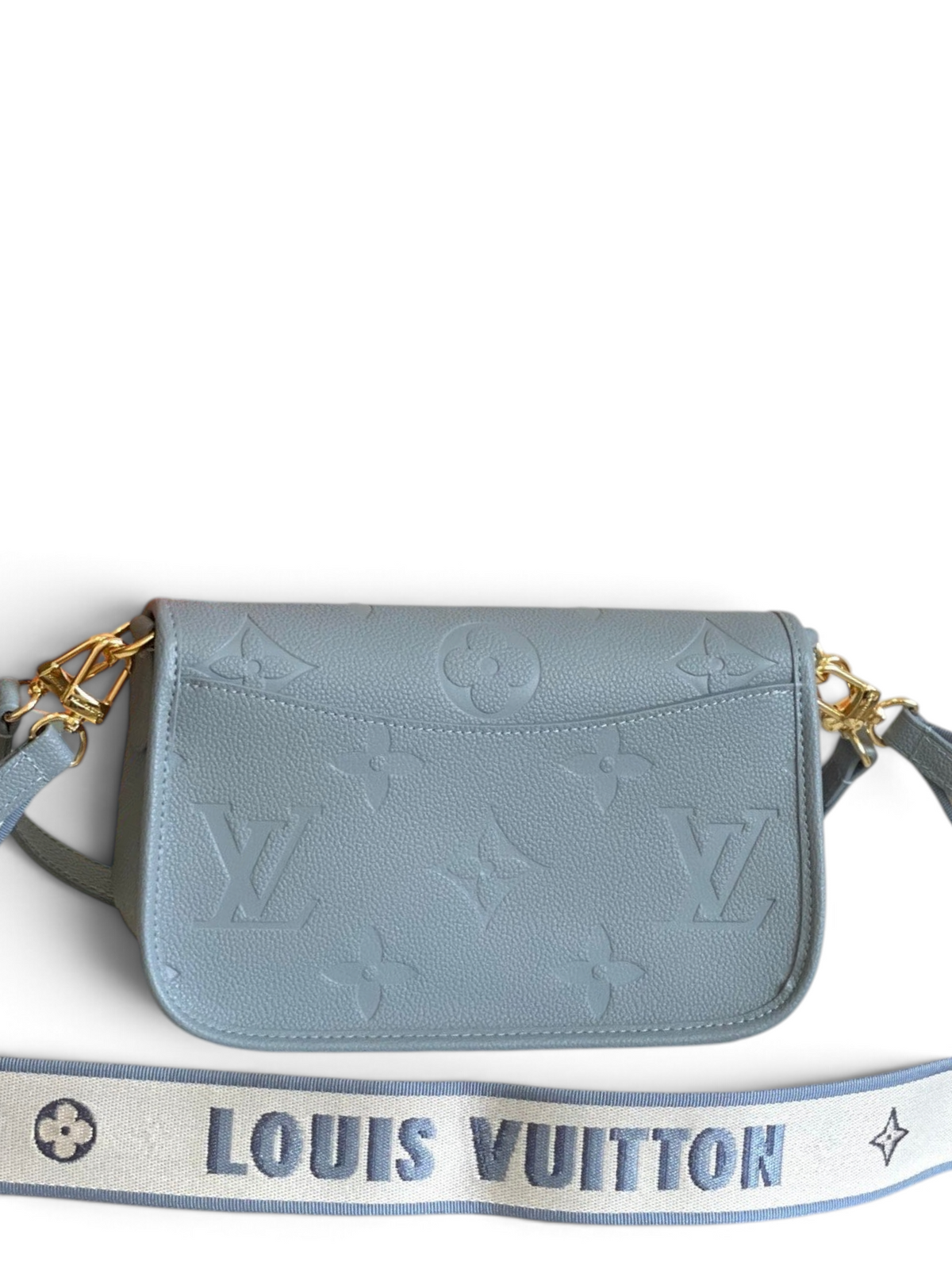 SWORD LUXURY Louis Vuitton Diane çanta, kabartmalı monogram desenli mavi deri, altın tonlu donanım ve logolu askı.