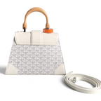 SWORD LUXURY white Goyardine canvas Saïgon PM handbag with beechwood handle and leather trim, shown with packaging.