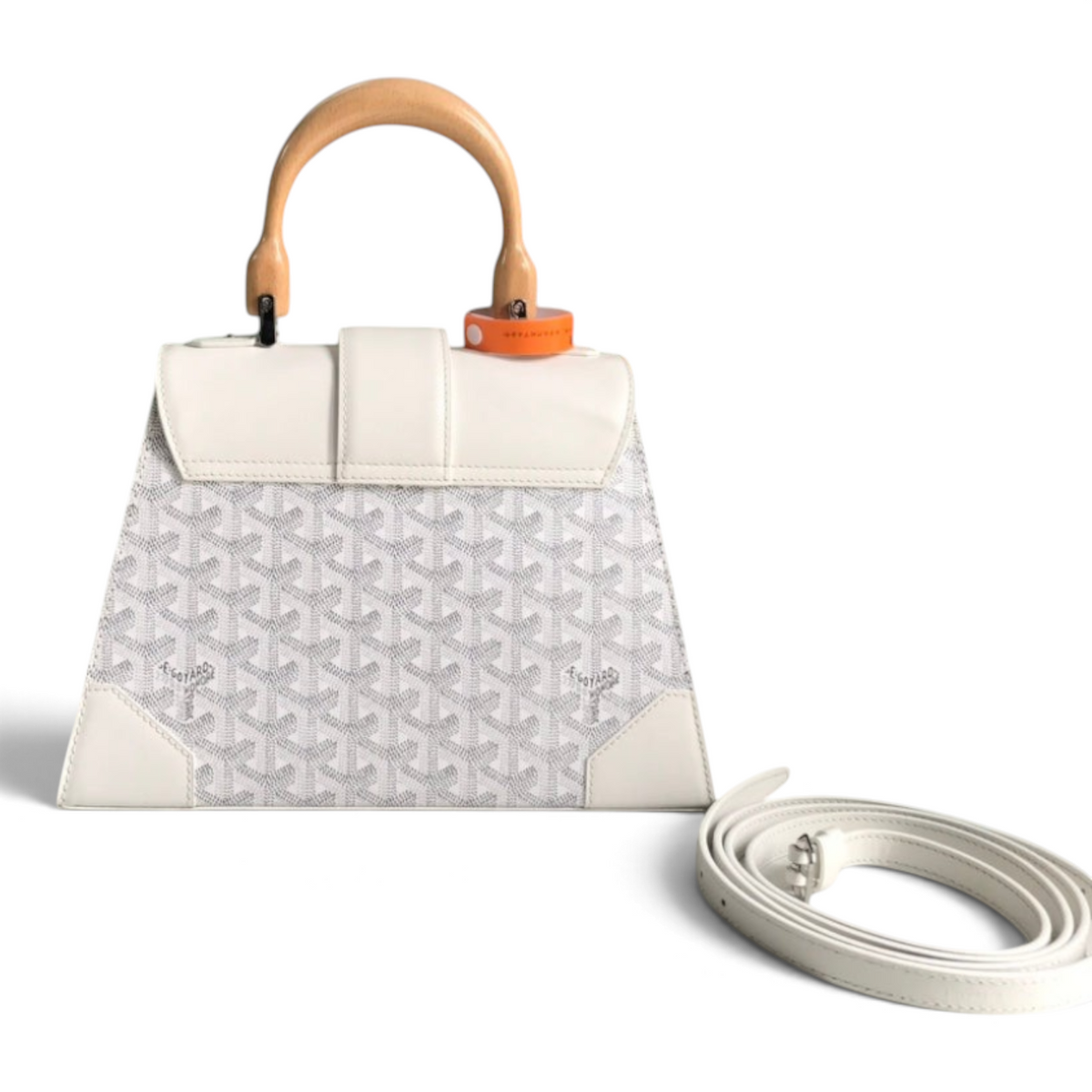 SWORD LUXURY white Goyardine canvas Saïgon PM handbag with beechwood handle and leather trim, shown with packaging.