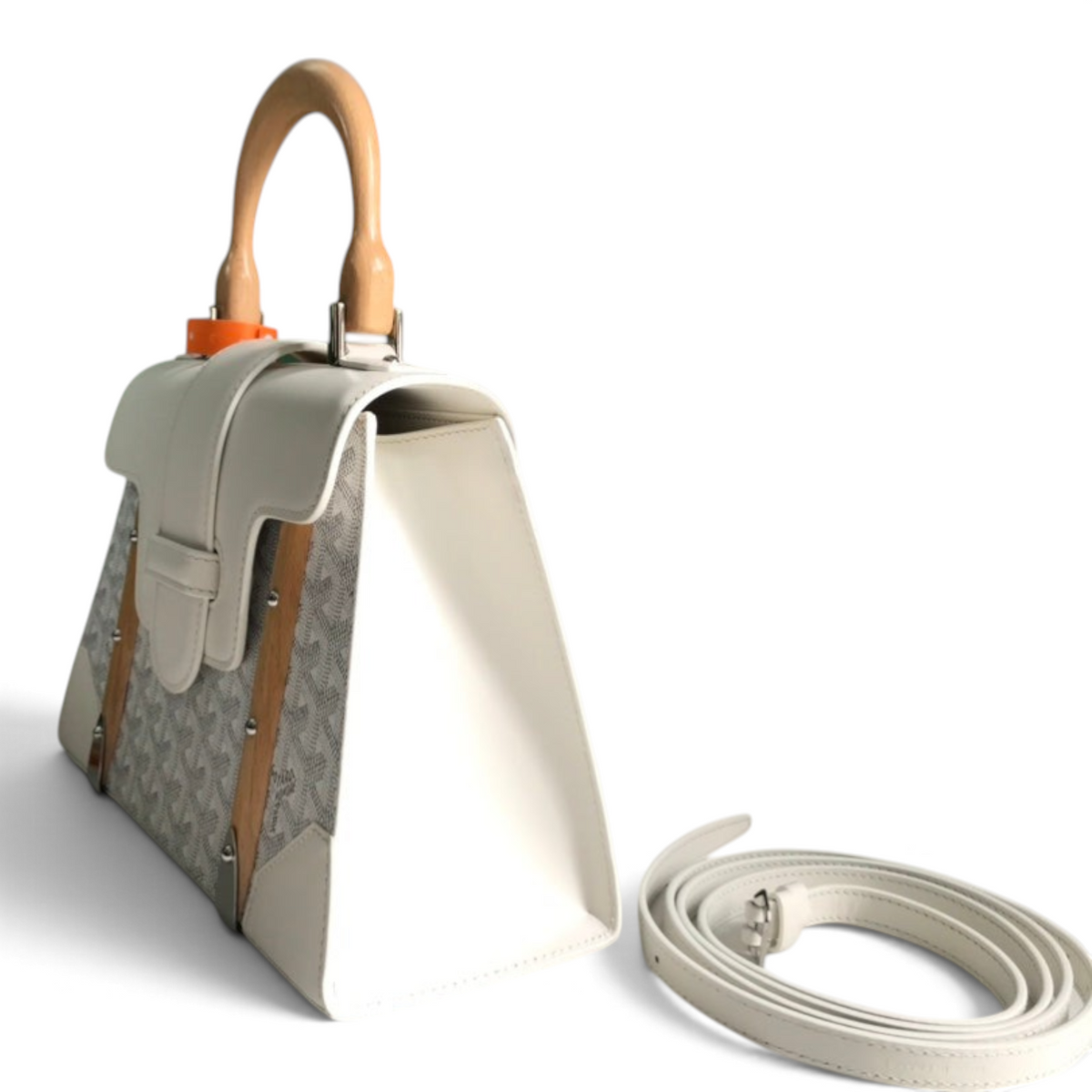 SWORD LUXURY white Goyard Saïgon PM handbag with beechwood handle and Goyardine canvas, shown with brand box and strap.