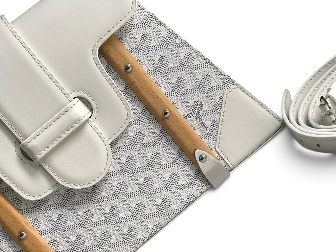 SWORD LUXURY Saigon PM handbag in white Goyardine canvas with smooth leather trim and a beechwood top handle.