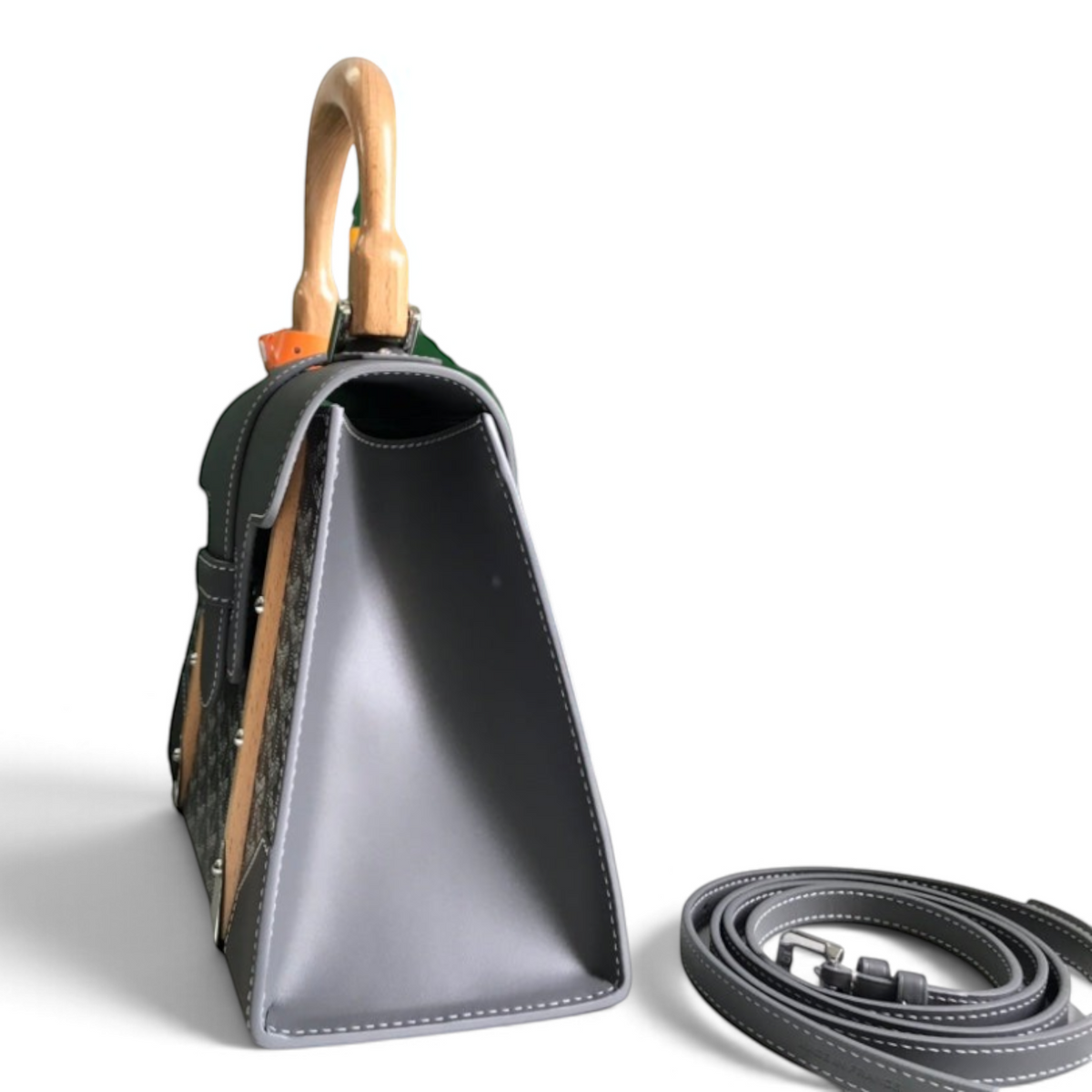 SWORD LUXURY Saïgon PM handbag in grey Goyardine canvas with a beechwood top handle and detachable shoulder strap.