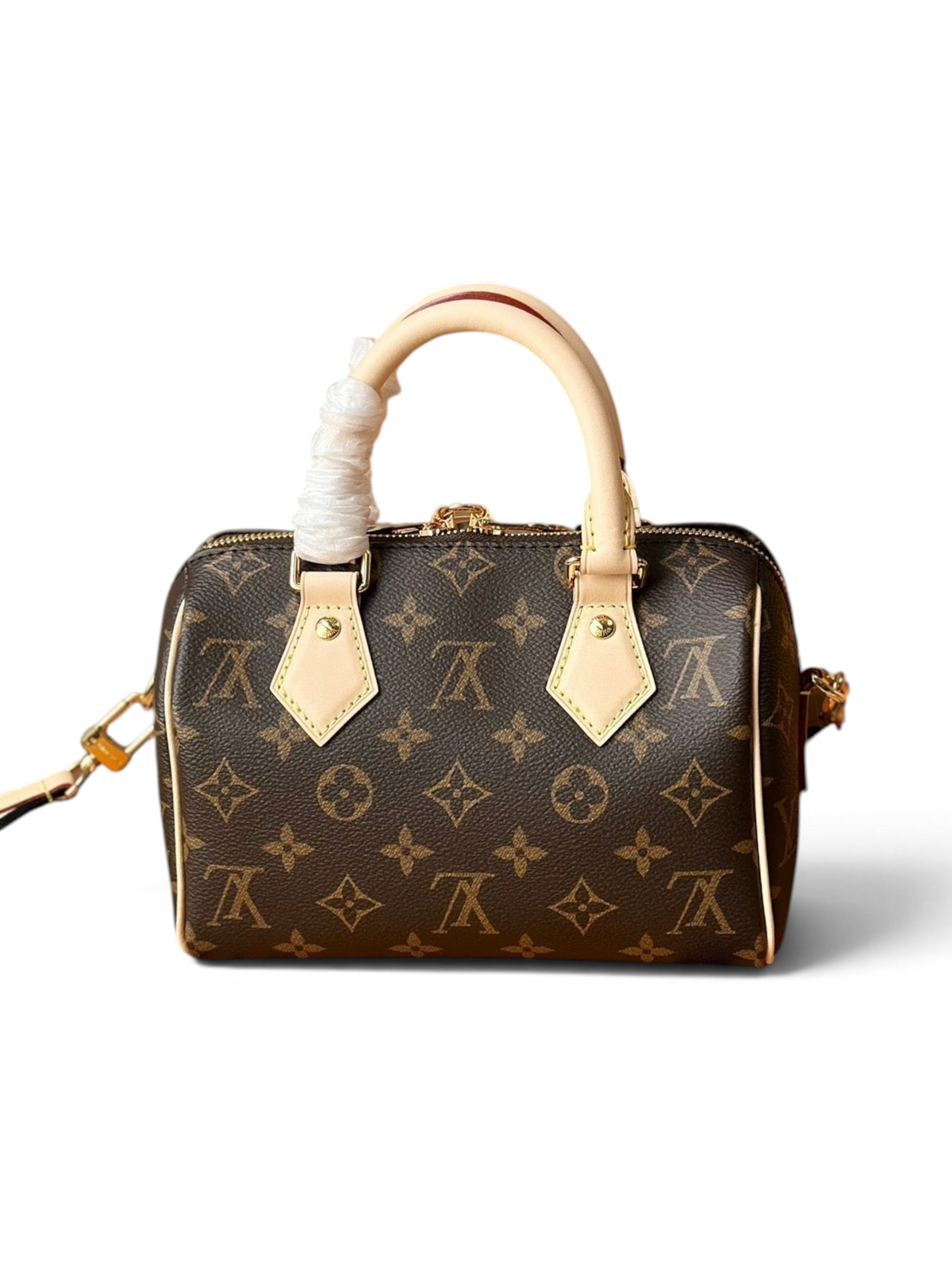SWORD LUXURY Speedy Bandoulière 20 çanta, ikonik Monogram kanvas, deri saplar ve altın tonlu donanım detaylarıyla.