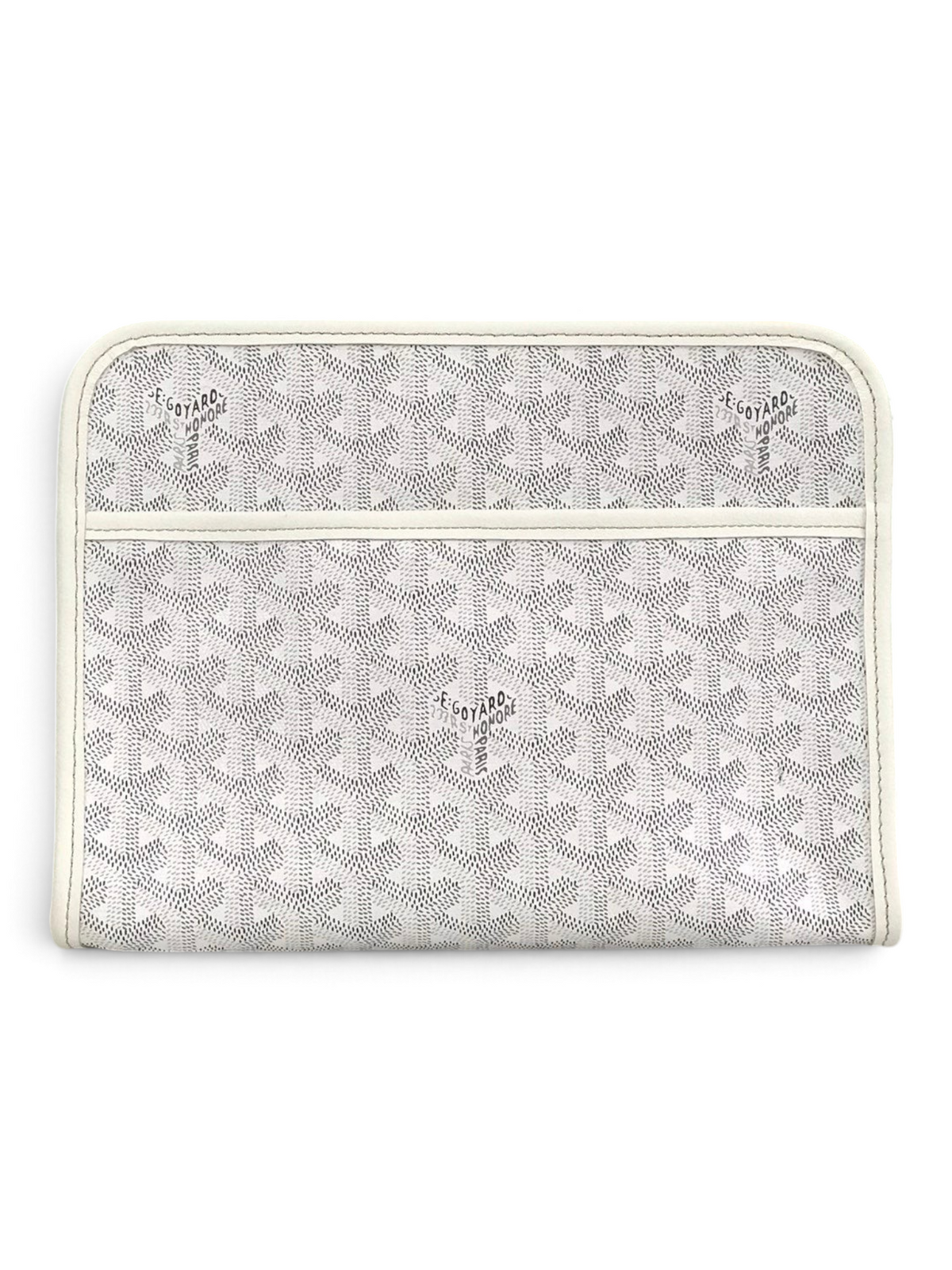 SWORD LUXURY Jouvence toiletry bag in white Goyardine canvas with leather trim, shown with brand packaging.