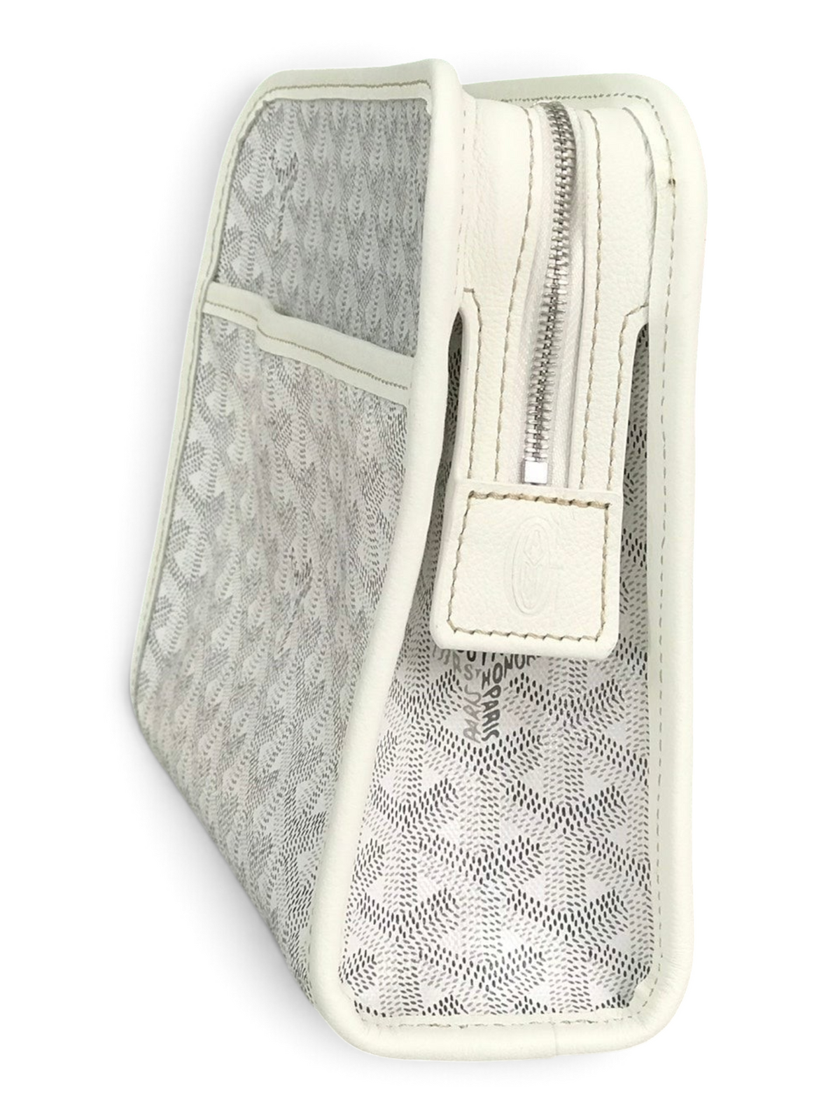 SWORD LUXURY white Goyardine canvas Jouvence toiletry bag with leather trim and zip closure, shown with brand box.