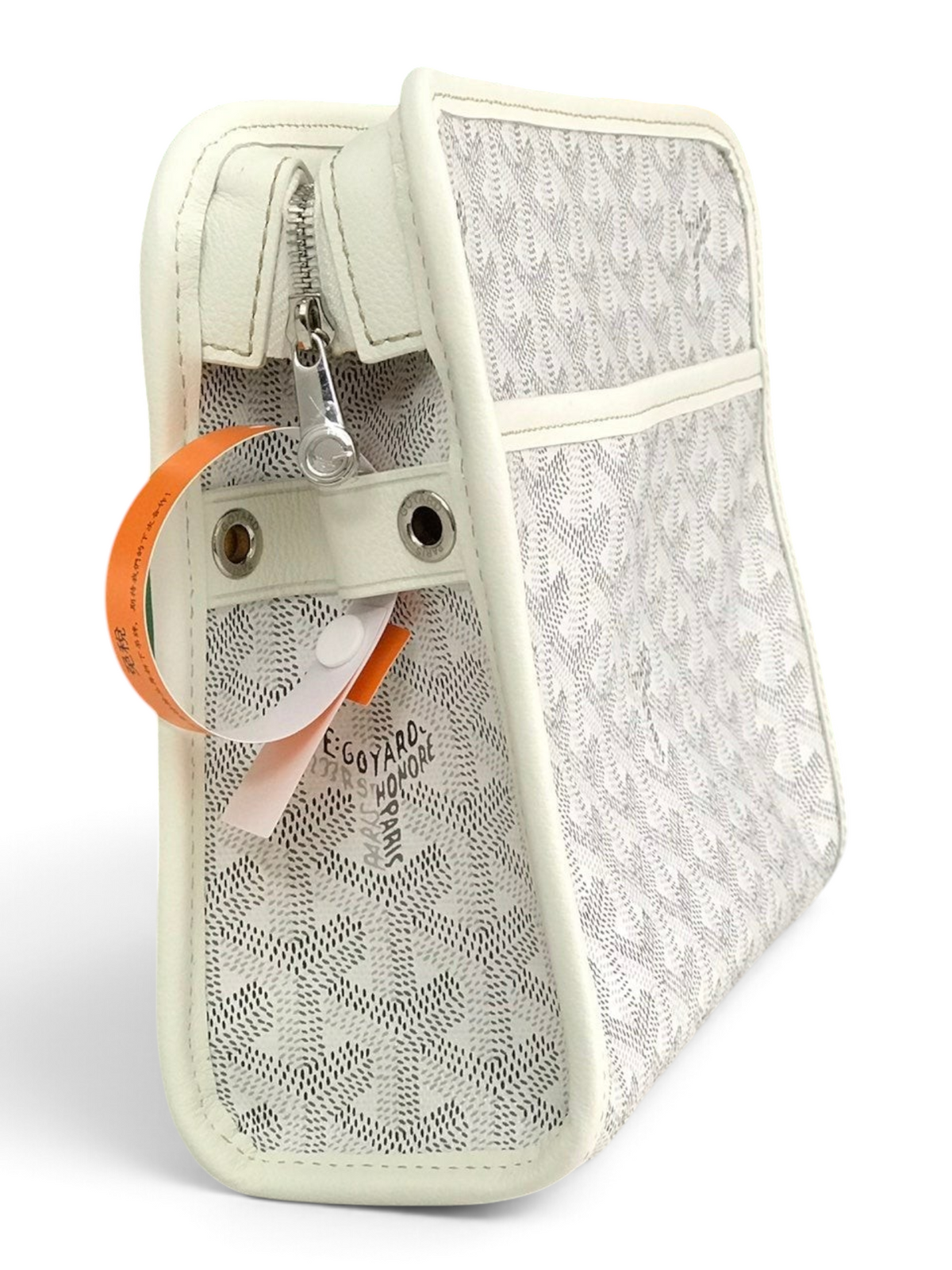 SWORD LUXURY white Goyardine canvas Jouvence toiletry bag with leather trim and zip closure, side view.