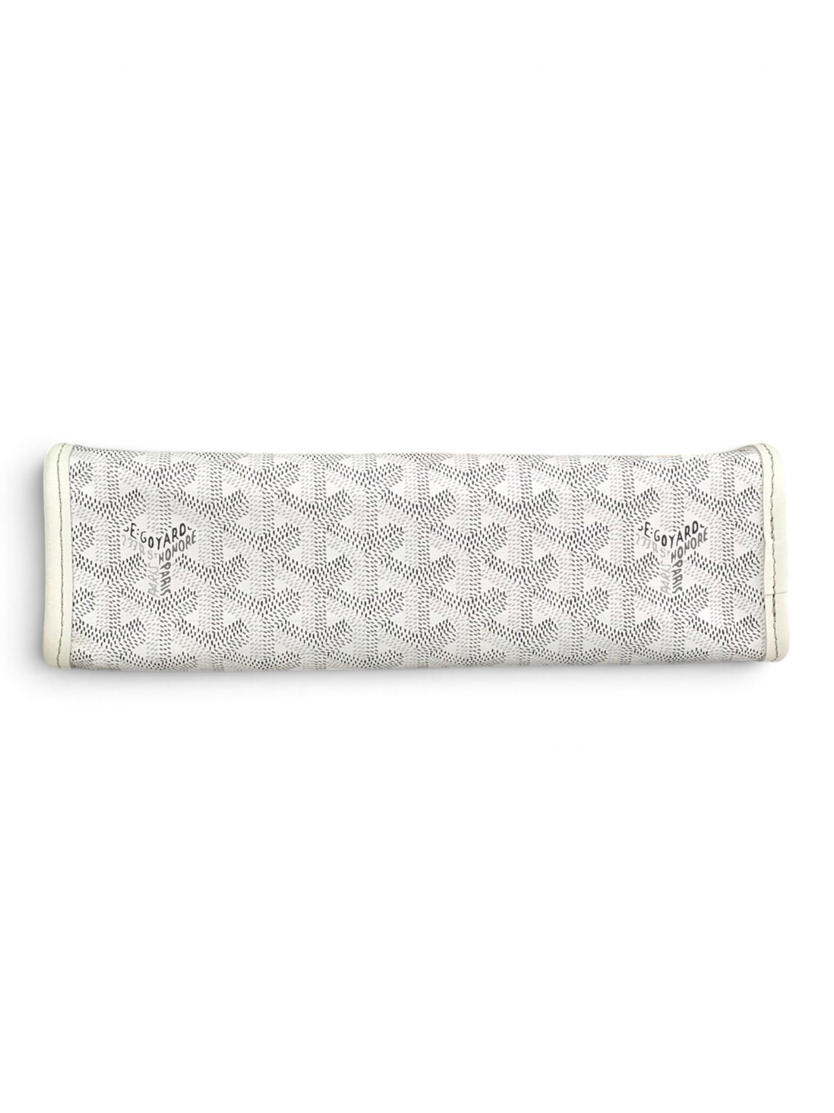 SWORD LUXURY Jouvence toiletry bag in white Goyardine canvas with leather trim, shown on a marble surface.