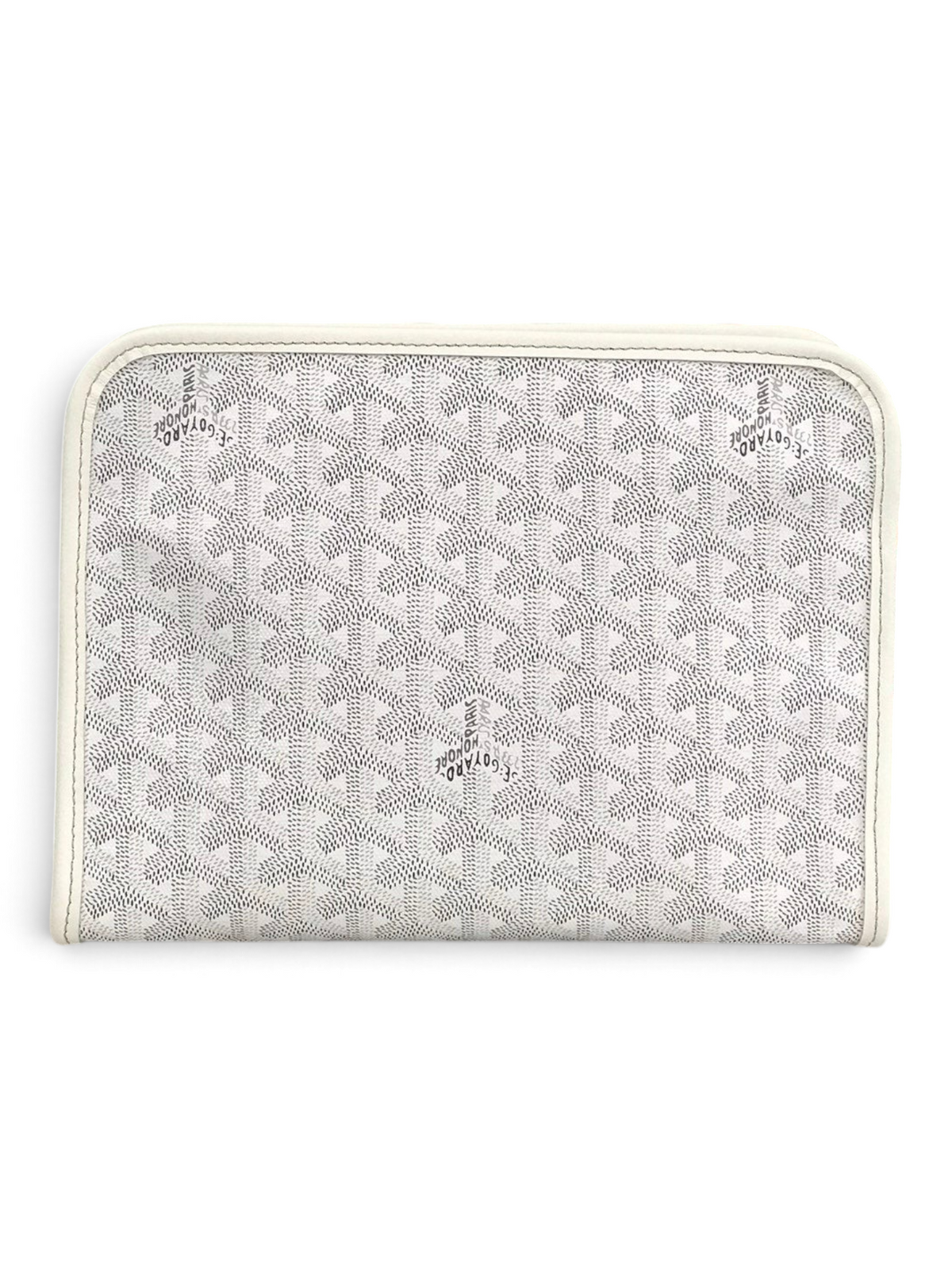 SWORD LUXURY Jouvence toiletry bag in white Goyardine canvas with leather trim and a zip-top closure.