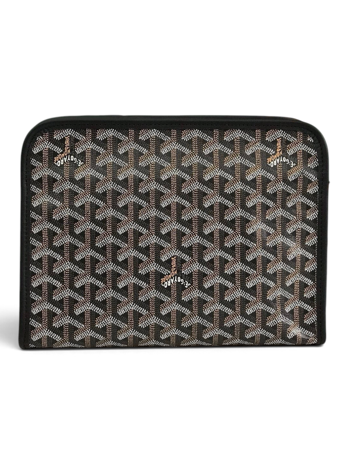 SWORD LUXURY Jouvence toiletry bag in signature black Goyardine canvas with leather trim and zip-top closure.