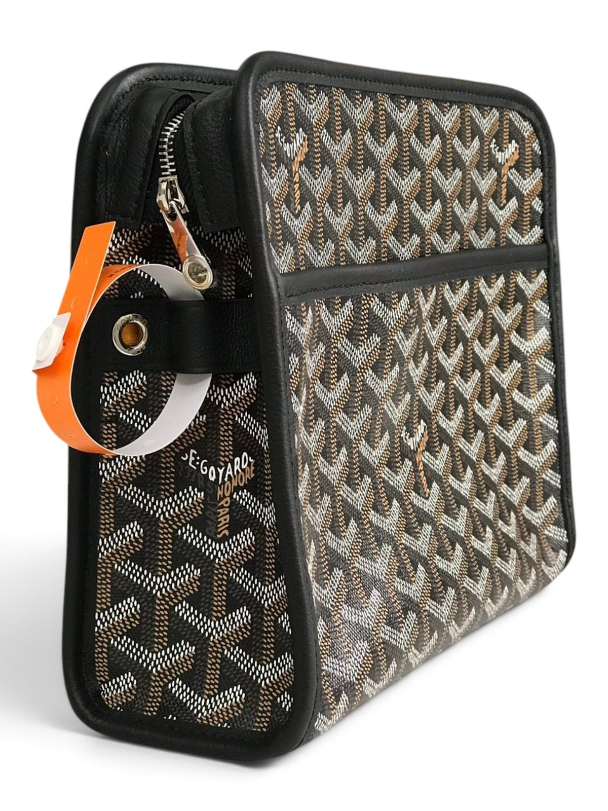SWORD LUXURY Jouvence toiletry bag in signature Goyardine canvas with black leather trim and zip-top closure.