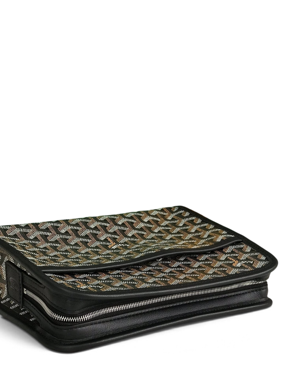 SWORD LUXURY Jouvence toiletry bag in Goyardine canvas with black leather trim and zip closure, shown with brand box.