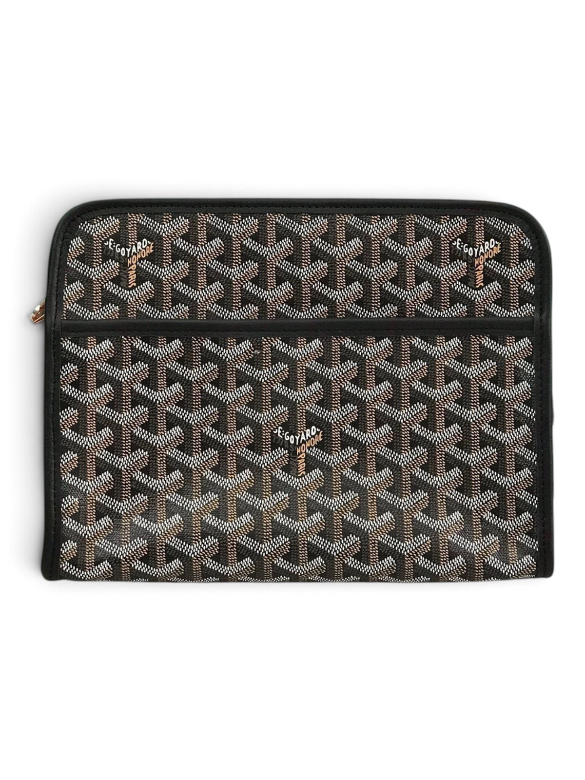 SWORD LUXURY Jouvence toiletry bag in signature black Goyardine canvas with leather trim and zip-top closure.