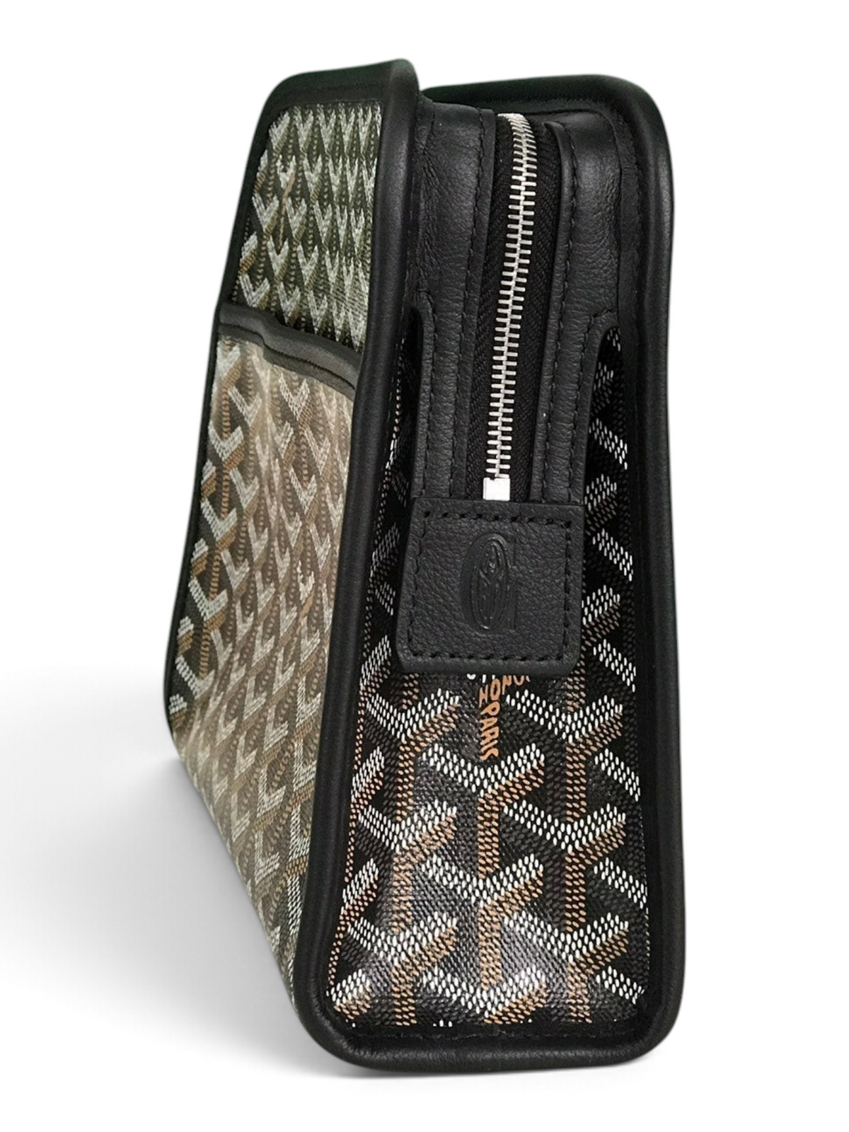 SWORD LUXURY Jouvence Toiletry Bag in signature Goyardine canvas with black leather trim and zip-top closure.