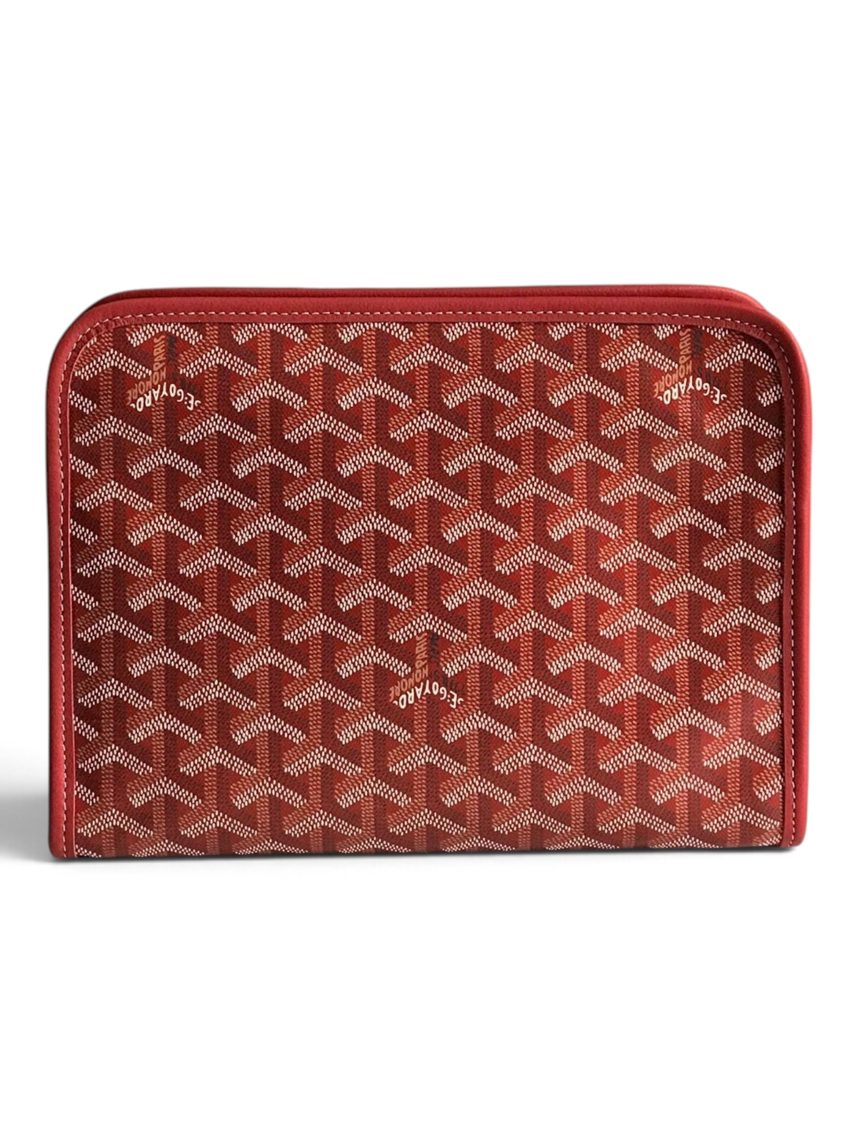SWORD LUXURY red Goyardine canvas Jouvence toiletry bag with leather trim and zip closure, shown with brand packaging.