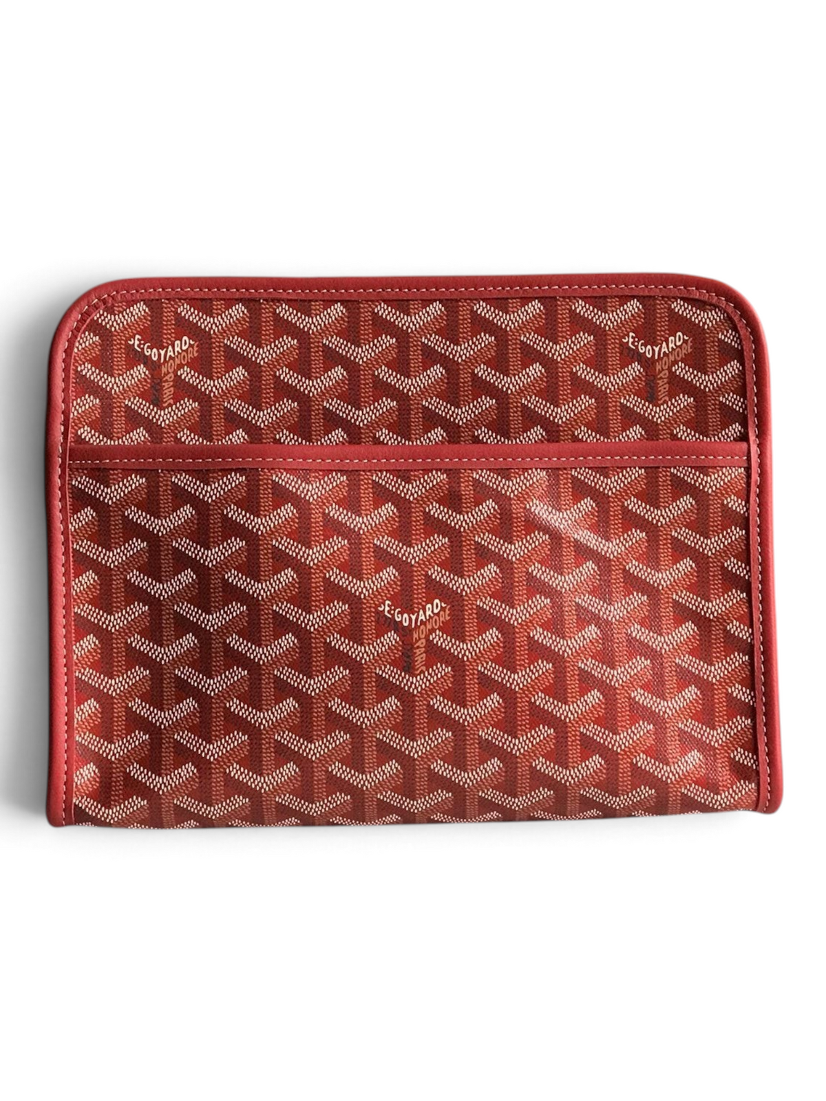 SWORD LUXURY Jouvence toiletry bag in red Goyardine canvas with leather trim, displayed with brand box and dust bag.