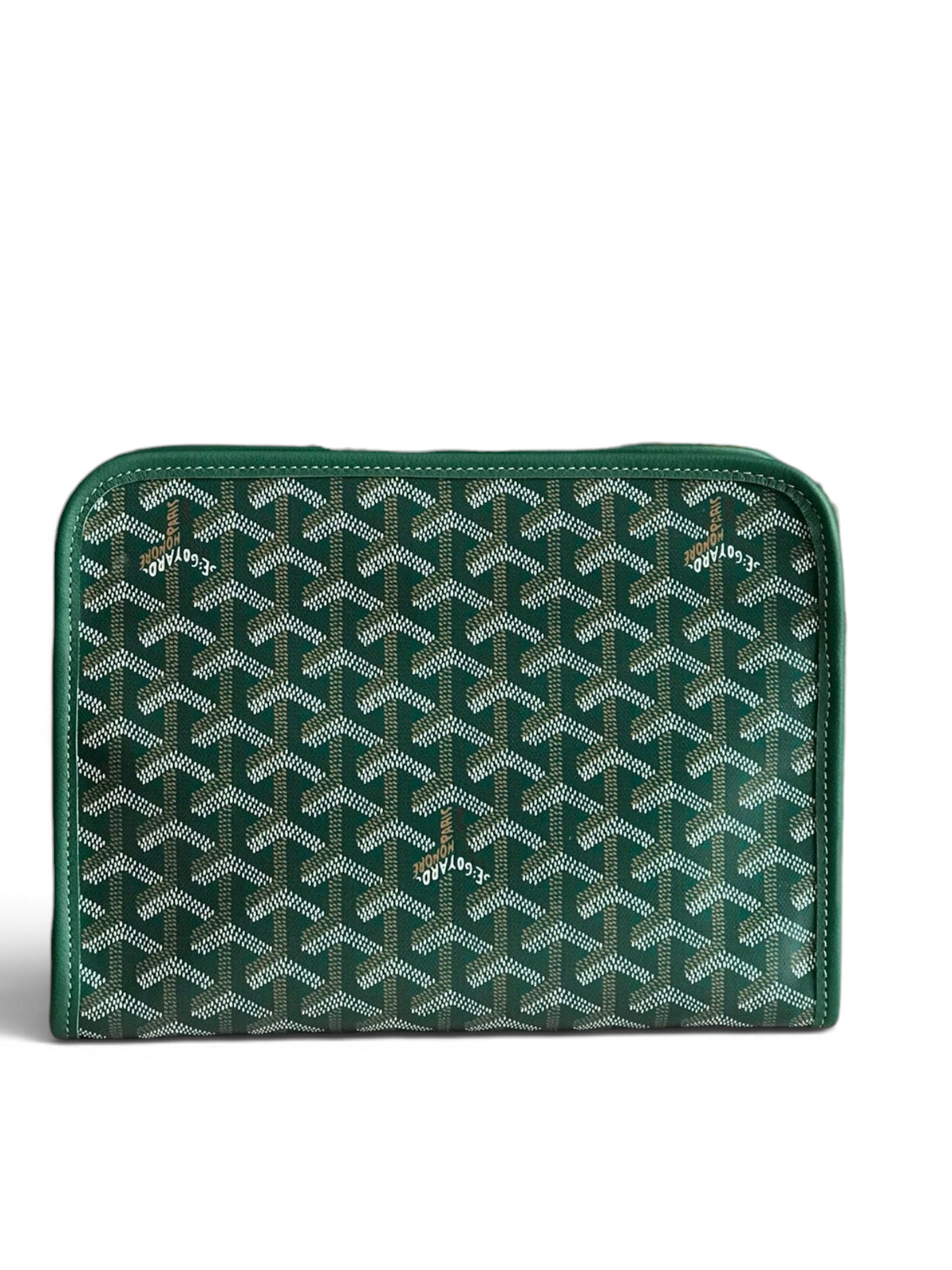 SWORD LUXURY Jouvence toiletry bag in green Goyardine canvas with leather trim, displayed with its branded gift box.