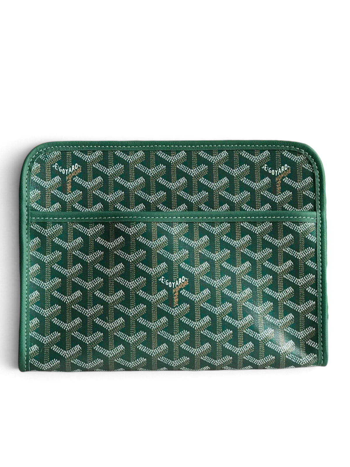 SWORD LUXURY green Goyardine canvas Jouvence toiletry bag with leather trim, displayed with its signature gift box.