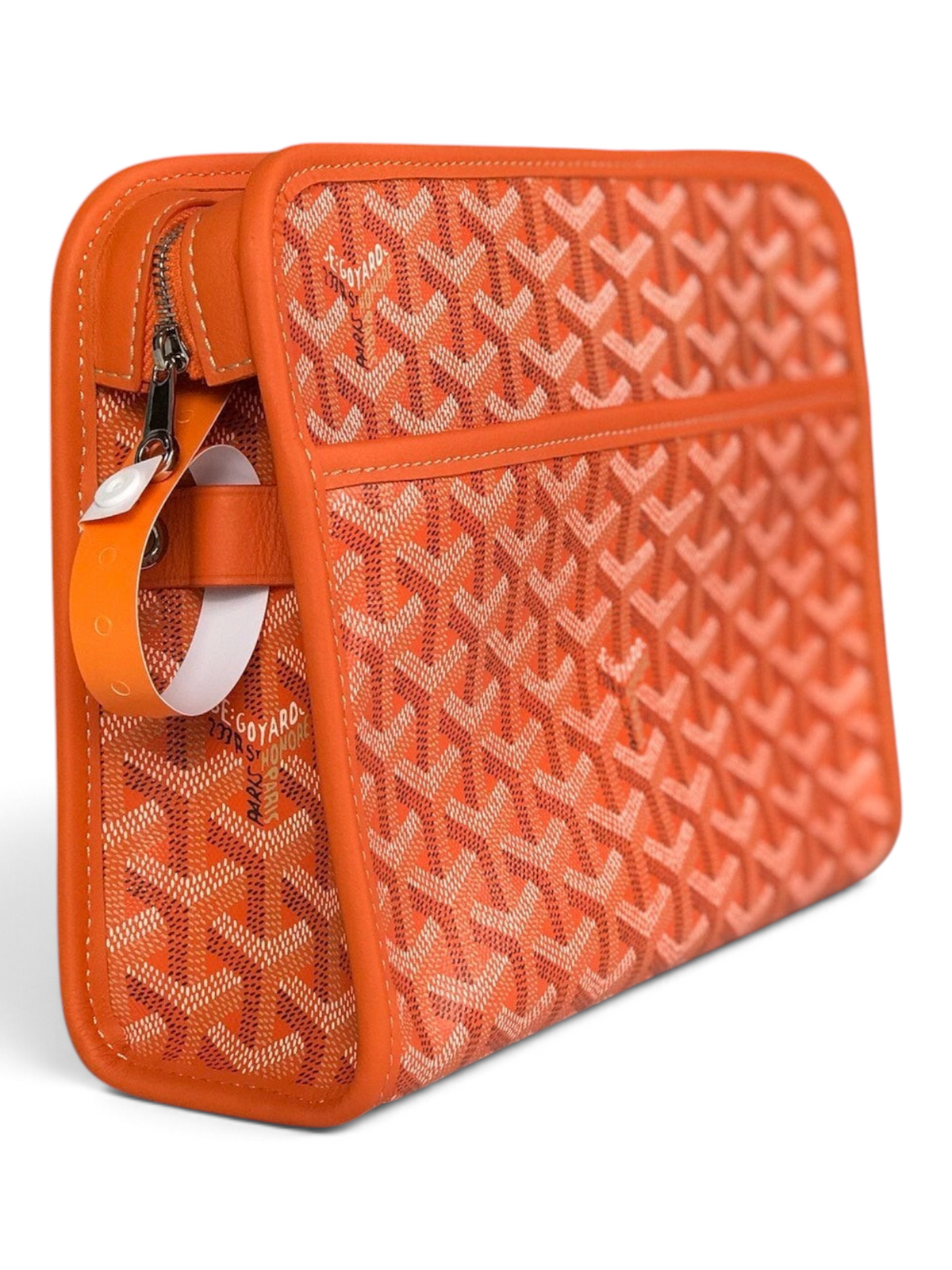 SWORD LUXURY Jouvence toiletry bag in orange Goyardine canvas with smooth leather trim and zip-top closure.