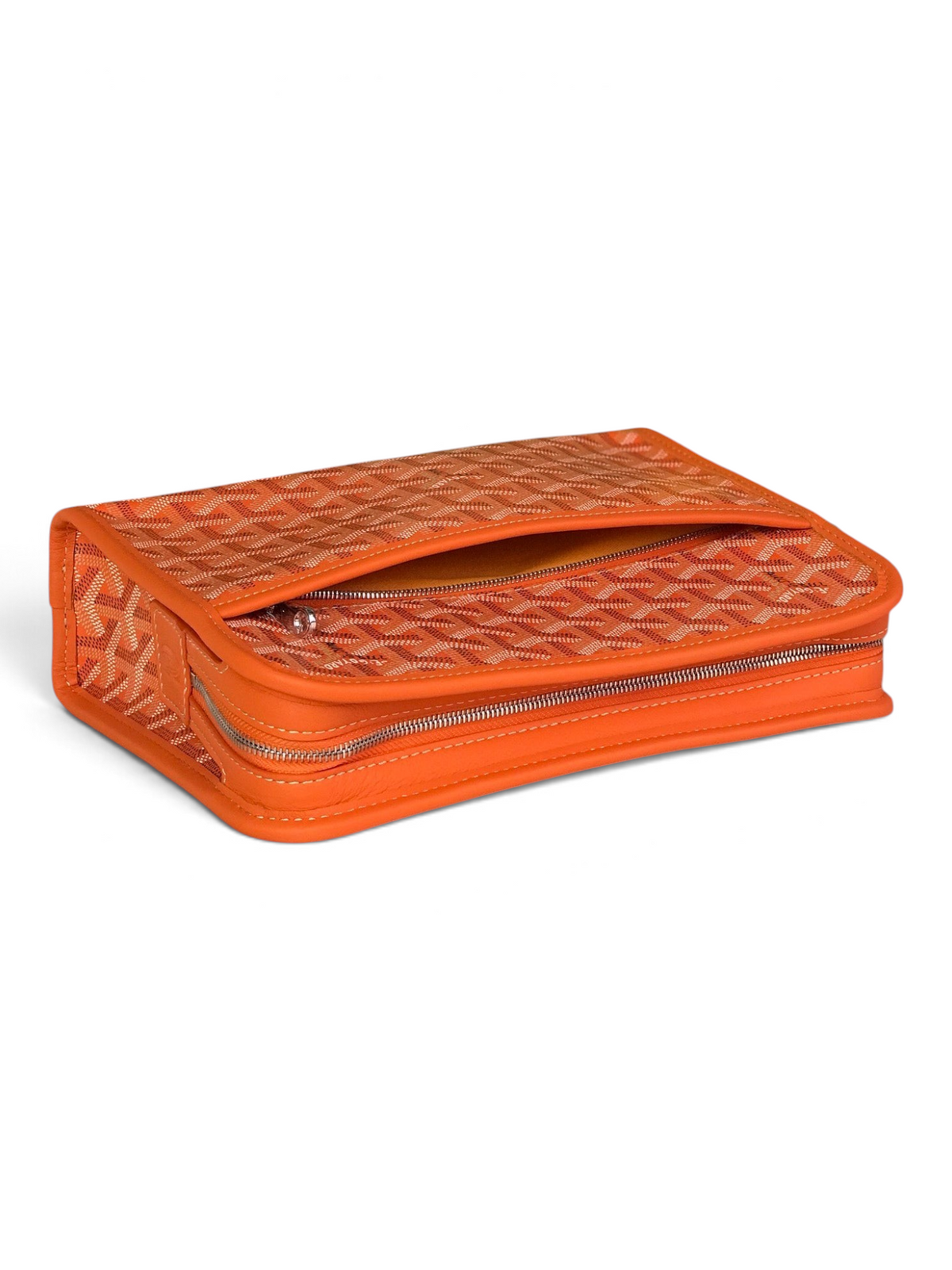SWORD LUXURY orange Goyardine canvas Jouvence toiletry bag with leather trim and zip closure in front of a gift box.