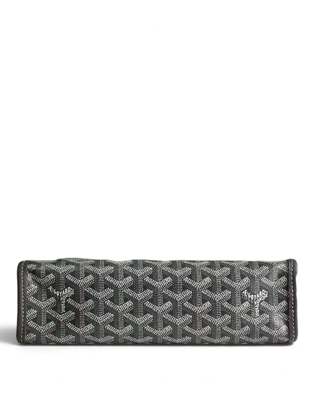 SWORD LUXURY Jouvence toiletry bag in signature grey Goyardine canvas with leather trim, shown from the side.
