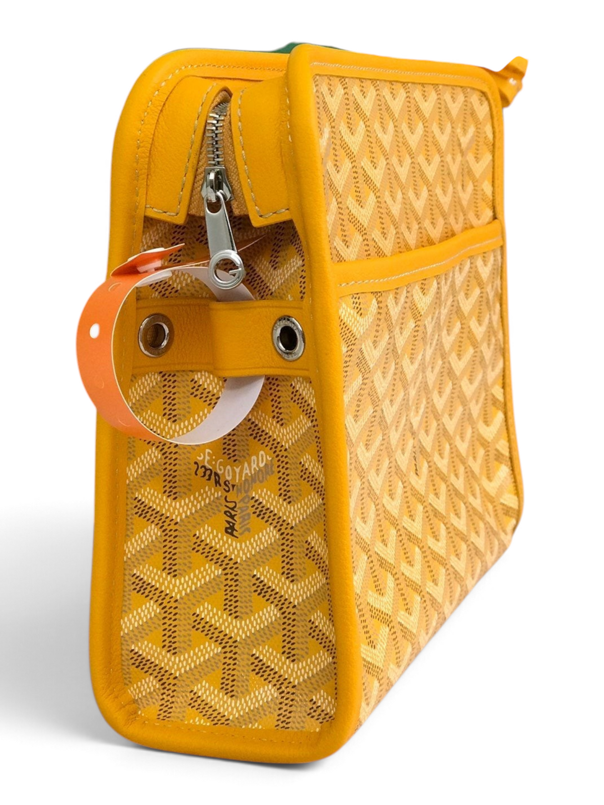 SWORD LUXURY yellow Goyardine canvas Jouvence toiletry bag with leather trim and zip closure, shown with brand box.
