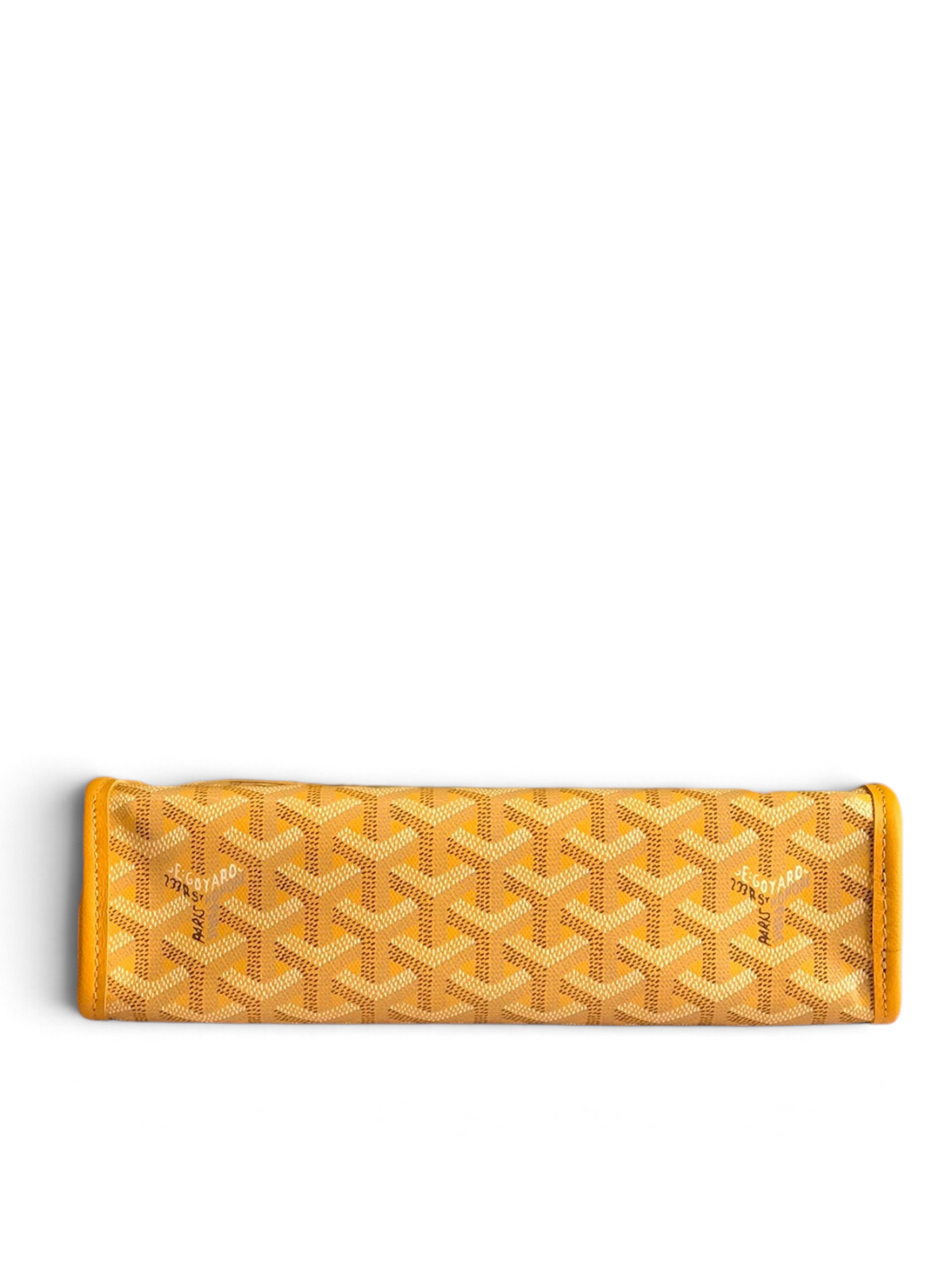 SWORD LUXURY yellow Goyardine canvas Jouvence toiletry bag with leather trim, shown in front of a green gift box.