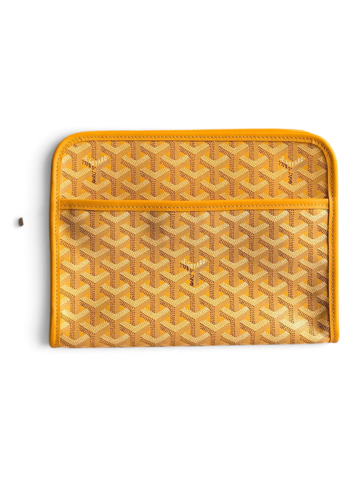 SWORD LUXURY yellow Goyardine canvas Jouvence toiletry bag with leather trim, displayed with its signature gift box.