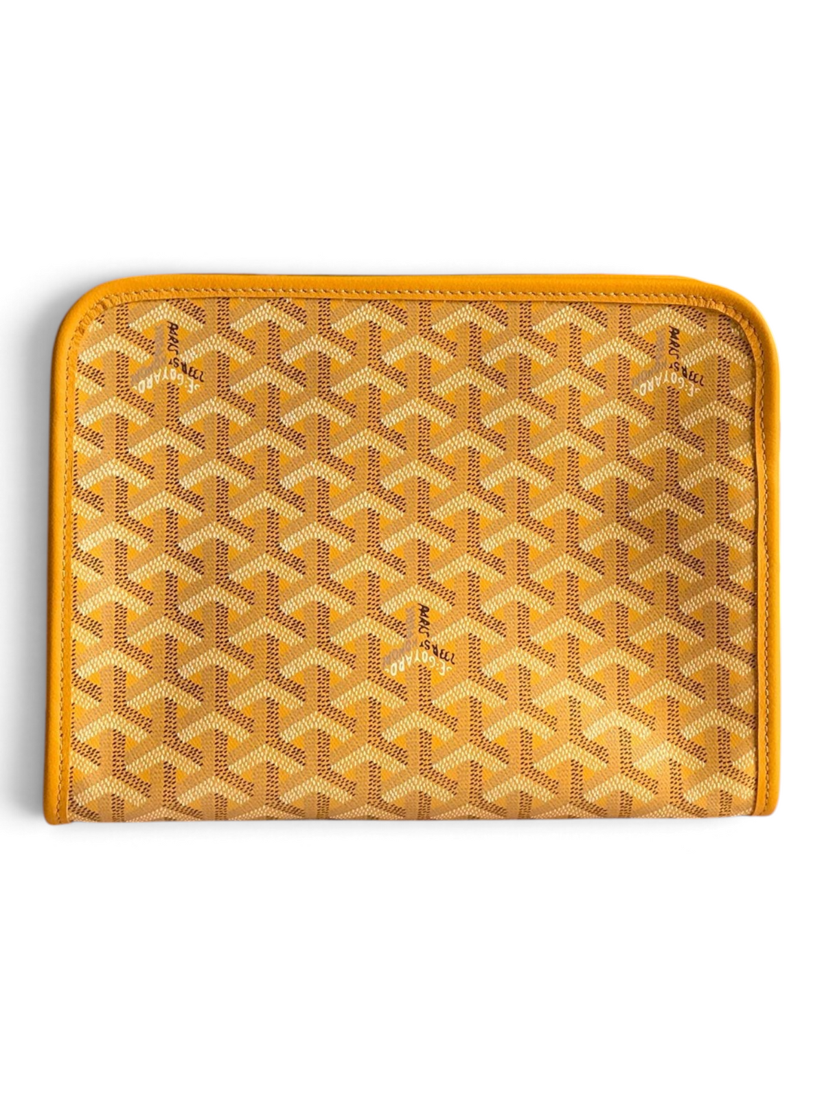 SWORD LUXURY yellow Goyardine canvas Jouvence toiletry bag with leather trim and zip closure, shown with brand box.
