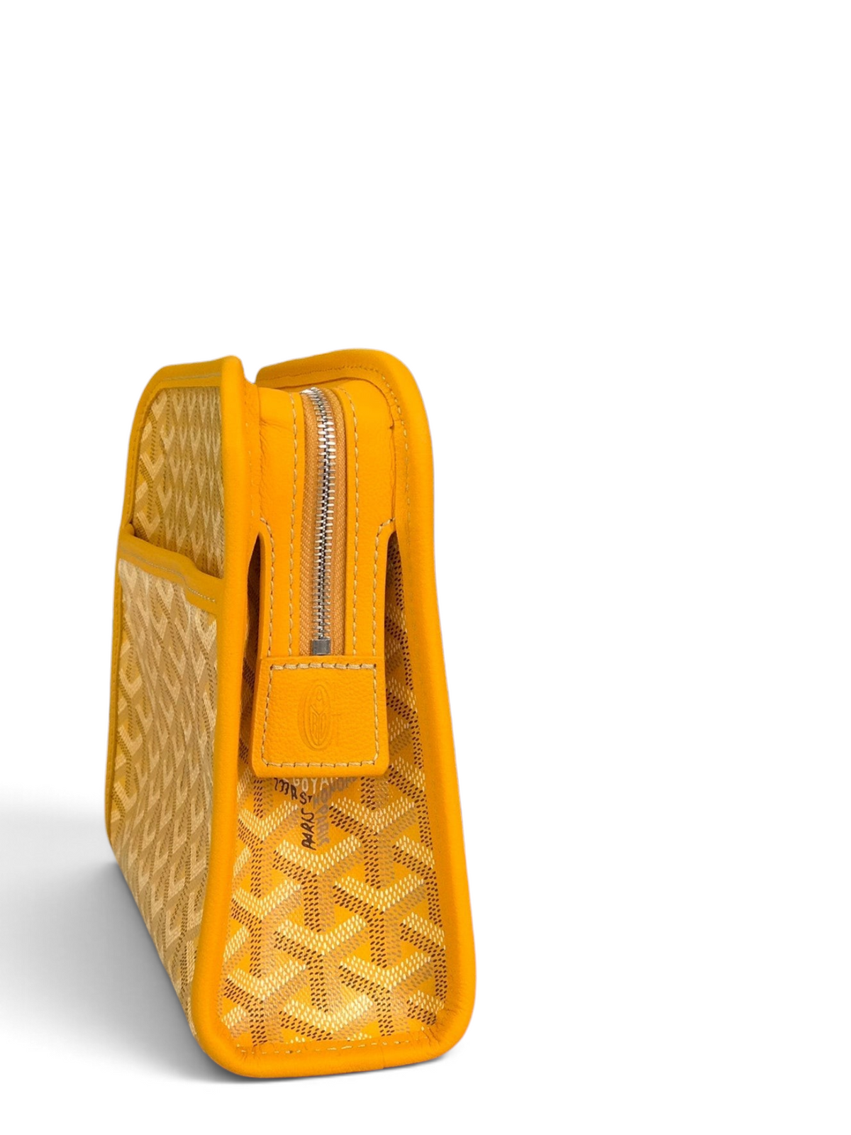 SWORD LUXURY yellow Goyardine canvas Jouvence toiletry bag with leather trim and zip closure, set against brand boxes.