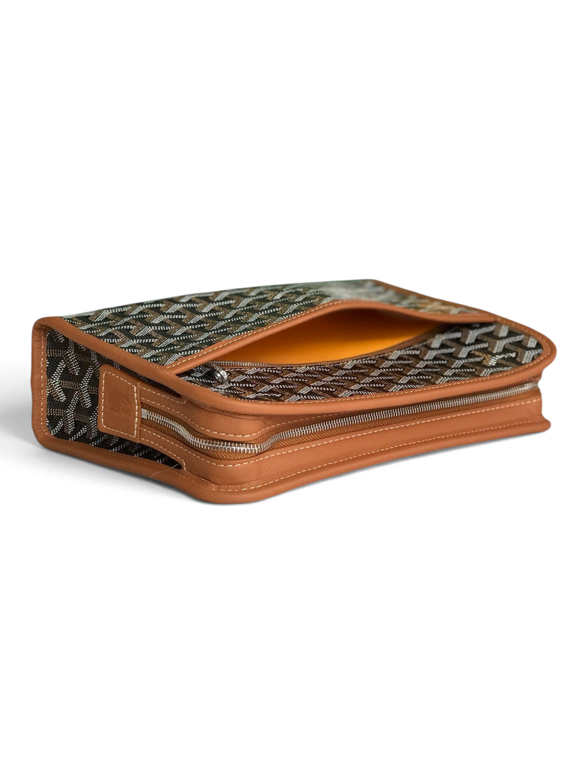 SWORD LUXURY Jouvence toiletry bag in signature Goyardine canvas with tan leather trim and zip-top closure.