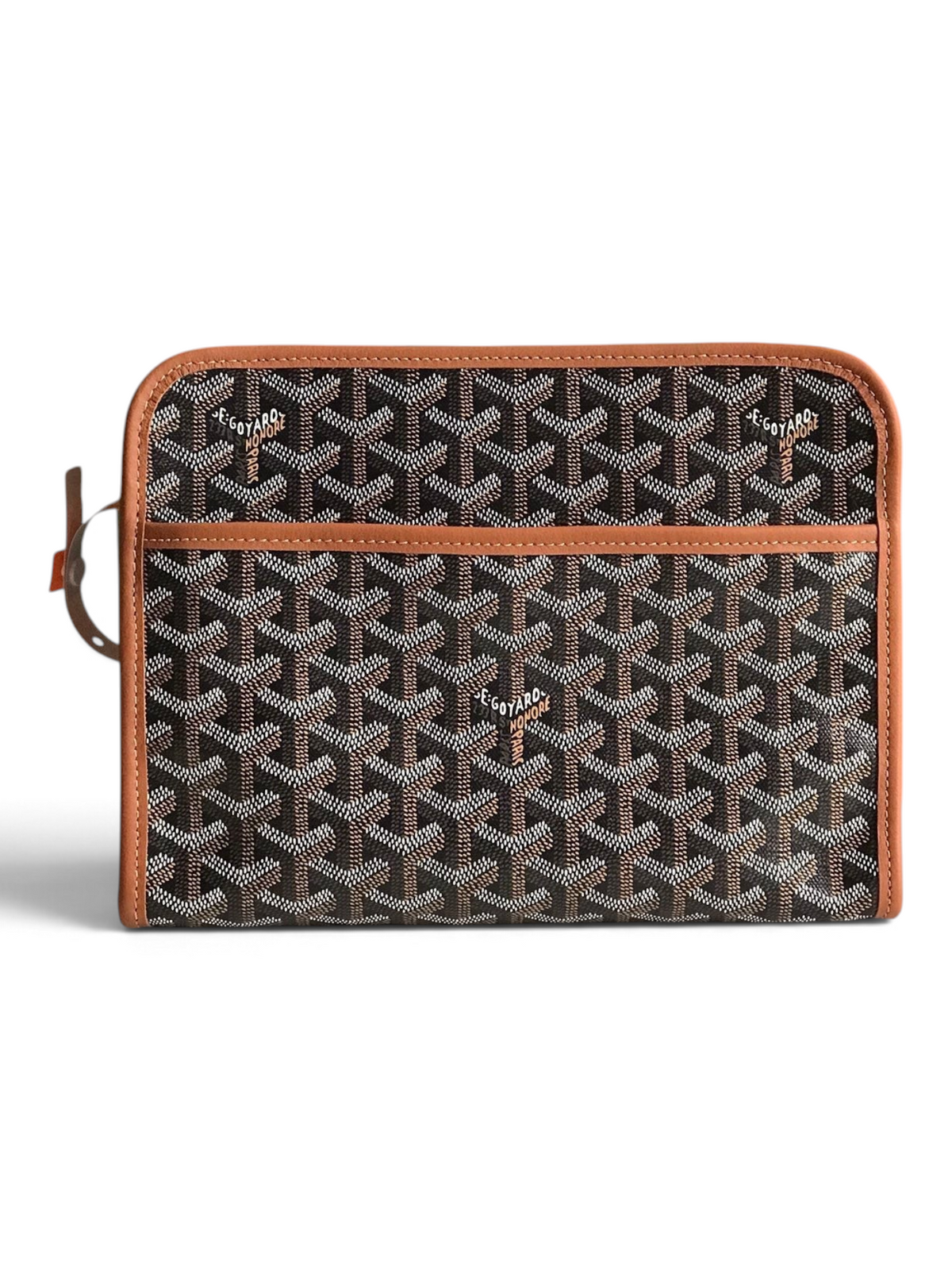 SWORD LUXURY Jouvence toiletry bag in signature black Goyardine canvas with smooth brown leather trim.
