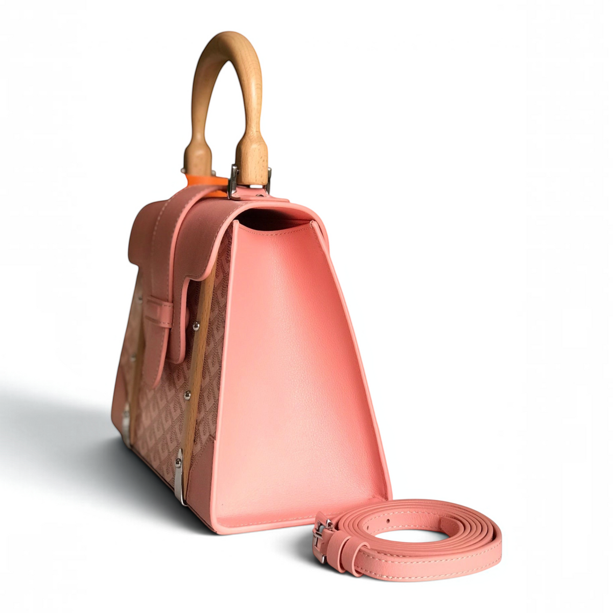 SWORD LUXURY Saïgon PM handbag in pink leather and Goyardine canvas with a distinctive beechwood top handle.