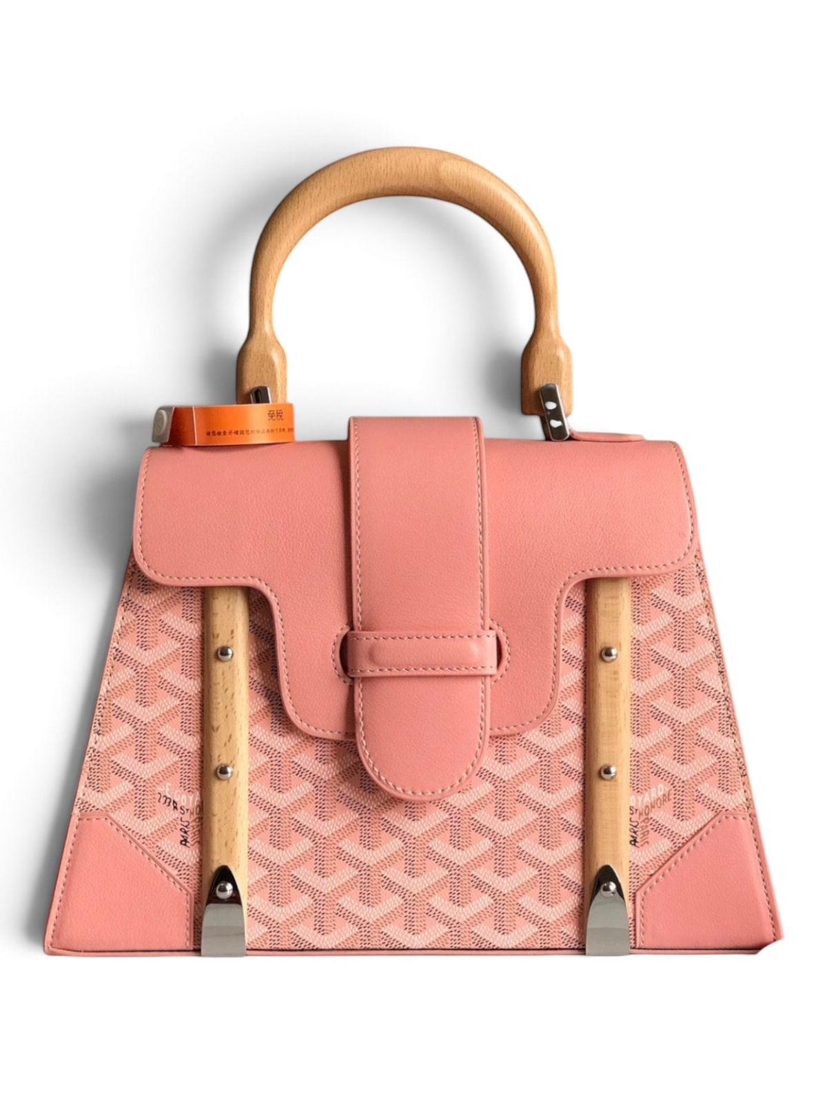 SWORD LUXURY pink Goyardine canvas Saïgon PM handbag with beechwood handle and leather trim, front view.