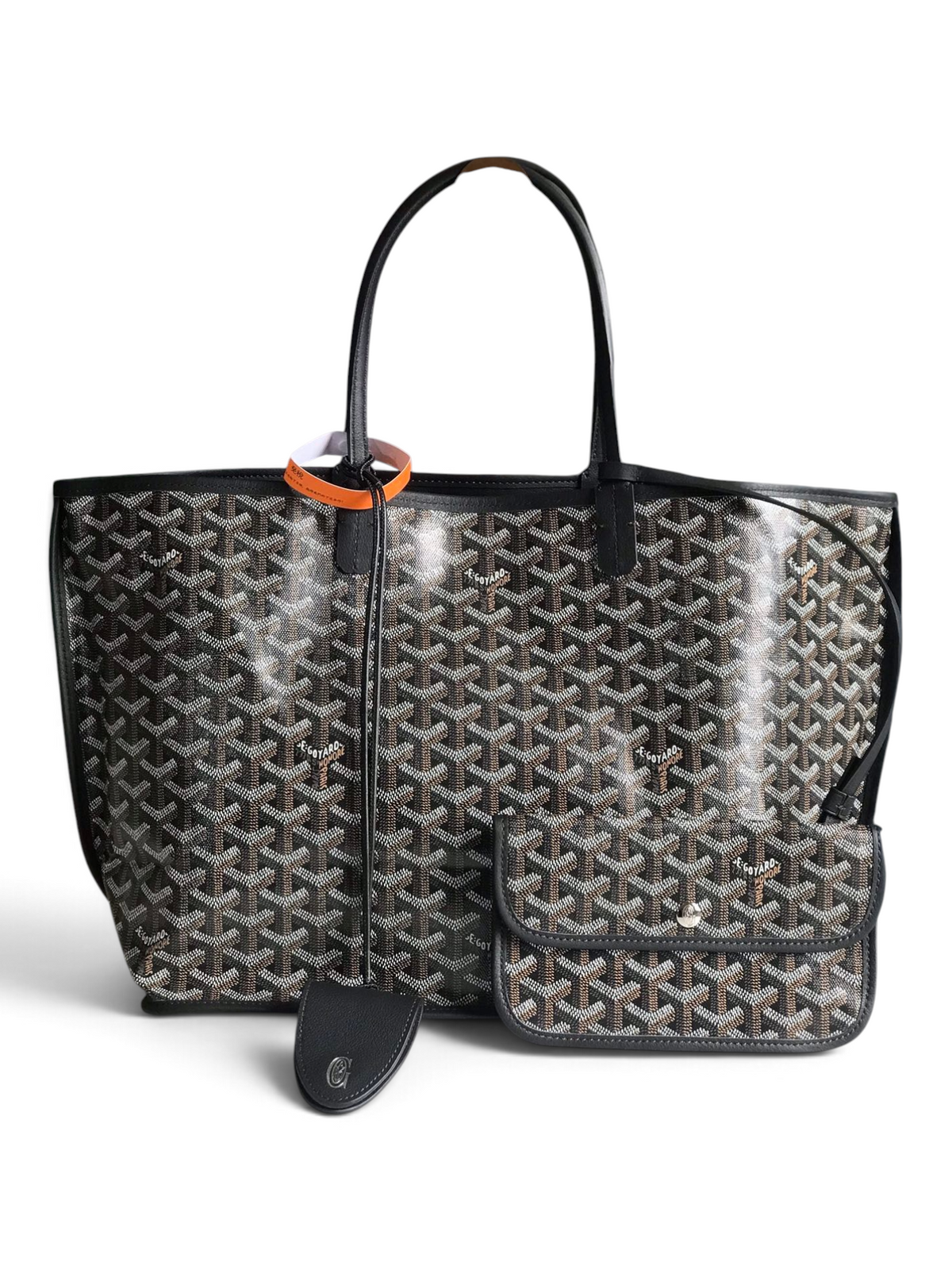 SWORD LUXURY Anjou siyah Goyardine kanvas çift taraflı küçük tote çanta, deri saplı ve çıkarılabilir bozuk para cüzdanlı