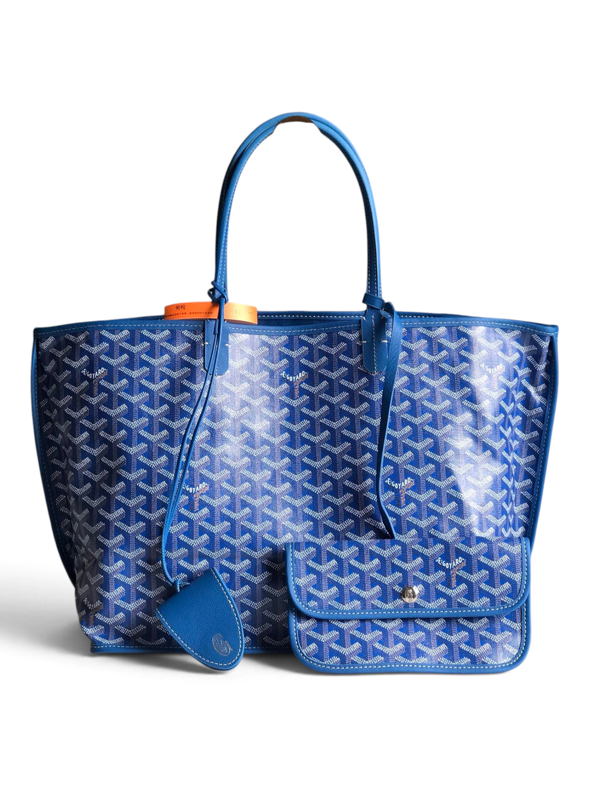 SWORD LUXURY Anjou mavi Goyardine kanvas çift taraflı küçük tote çanta, deri saplı ve çıkarılabilir bozuk para cüzdanlı.