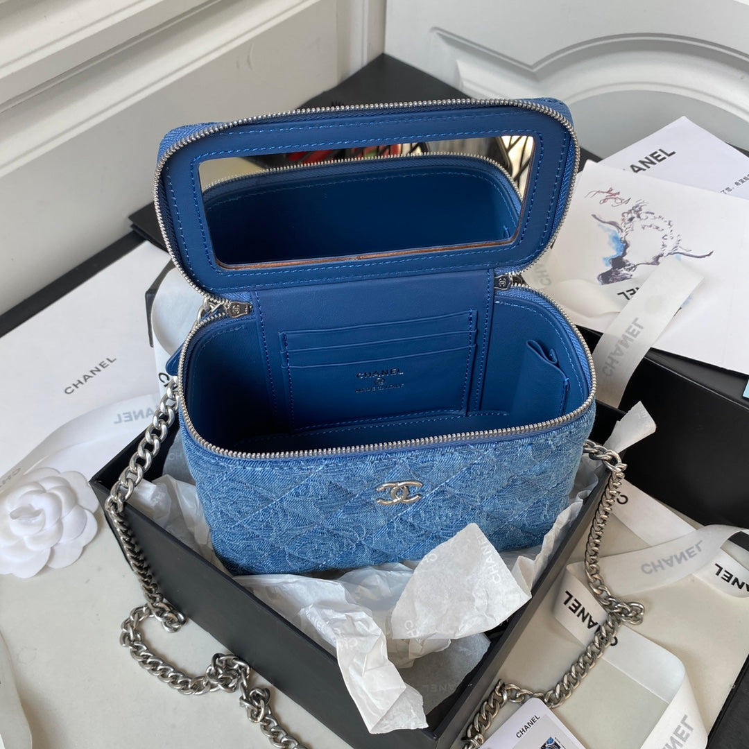 Denim Quilted Heart Charm Mini Shoulder Bag