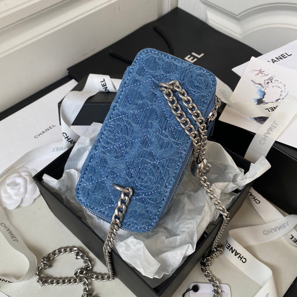 Denim Quilted Heart Charm Mini Shoulder Bag