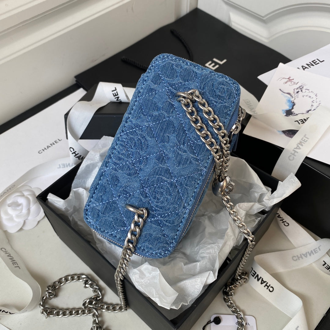 Denim Quilted Heart Charm Mini Shoulder Bag