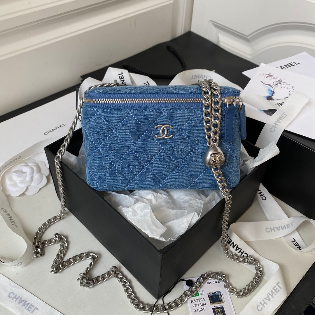 Denim Quilted Heart Charm Mini Shoulder Bag
