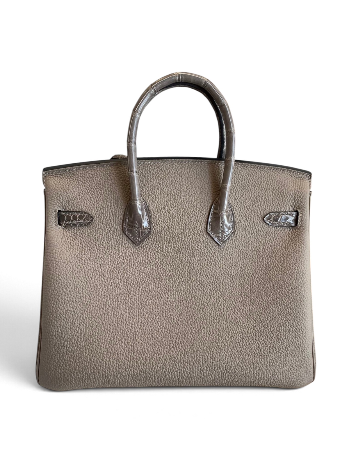 SWORD LUXURY Etain gri Togo deri ve timsah derisi detaylı Hermès Birkin 30 çanta, kutu içerisinde.
