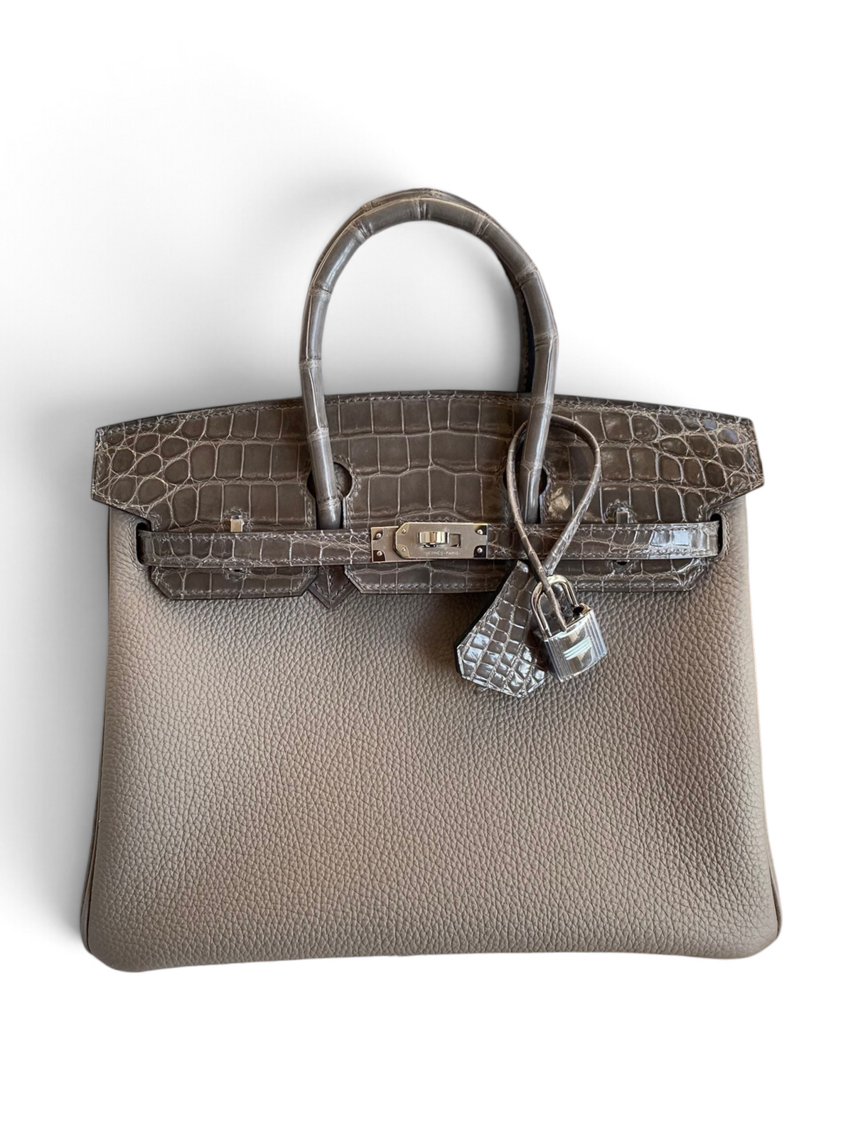 SWORD LUXURY Etain gri Togo deri ve timsah derisi detaylı Hermès Birkin çanta, paladyum donanımlı ve kutusunda.