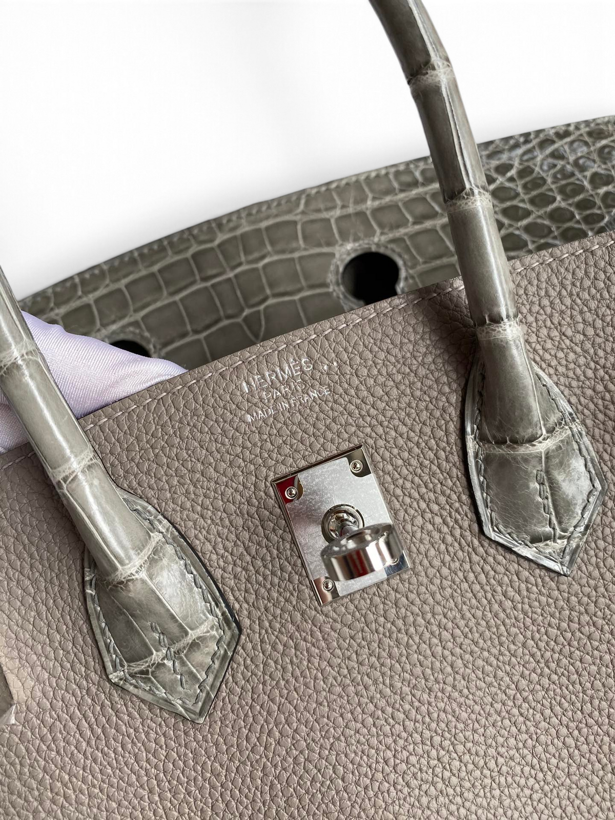 SWORD LUXURY Etain gri Togo deri ve timsah derisi detaylı Hermès Birkin çanta, gümüş paladyum donanımlı.